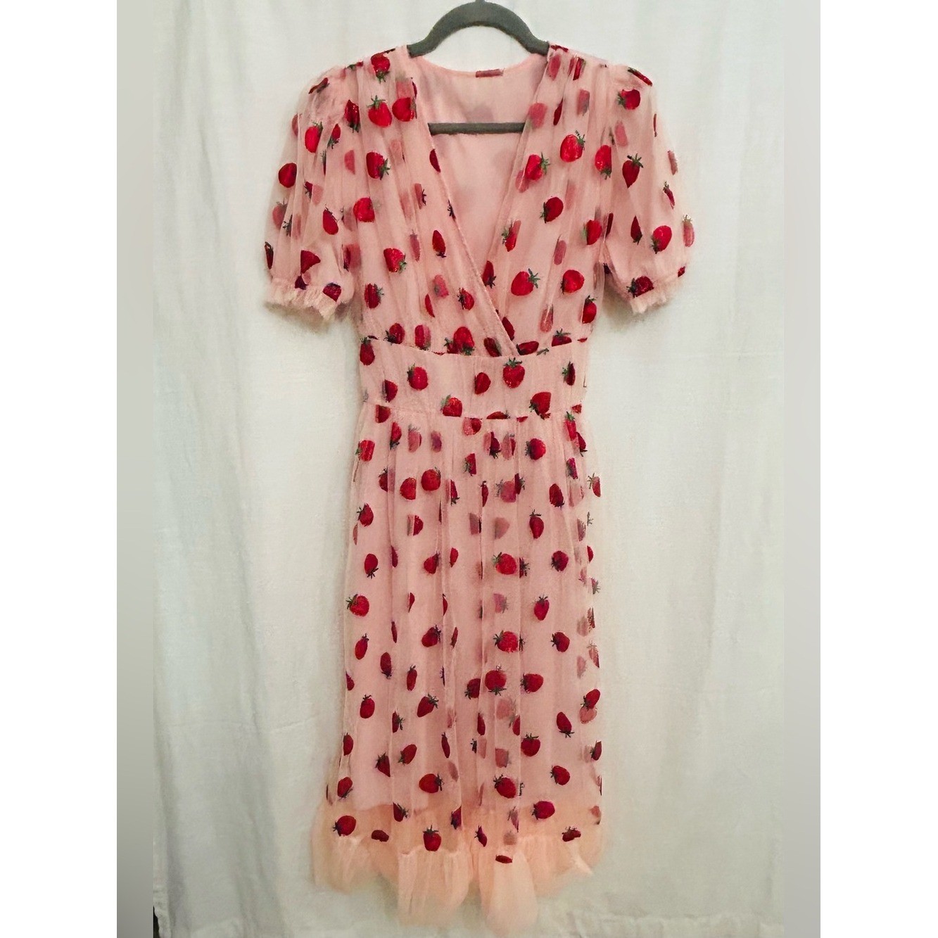 Retro Stage NWT Pink Glitter Sparkle Strawberry Print Midi Dress
