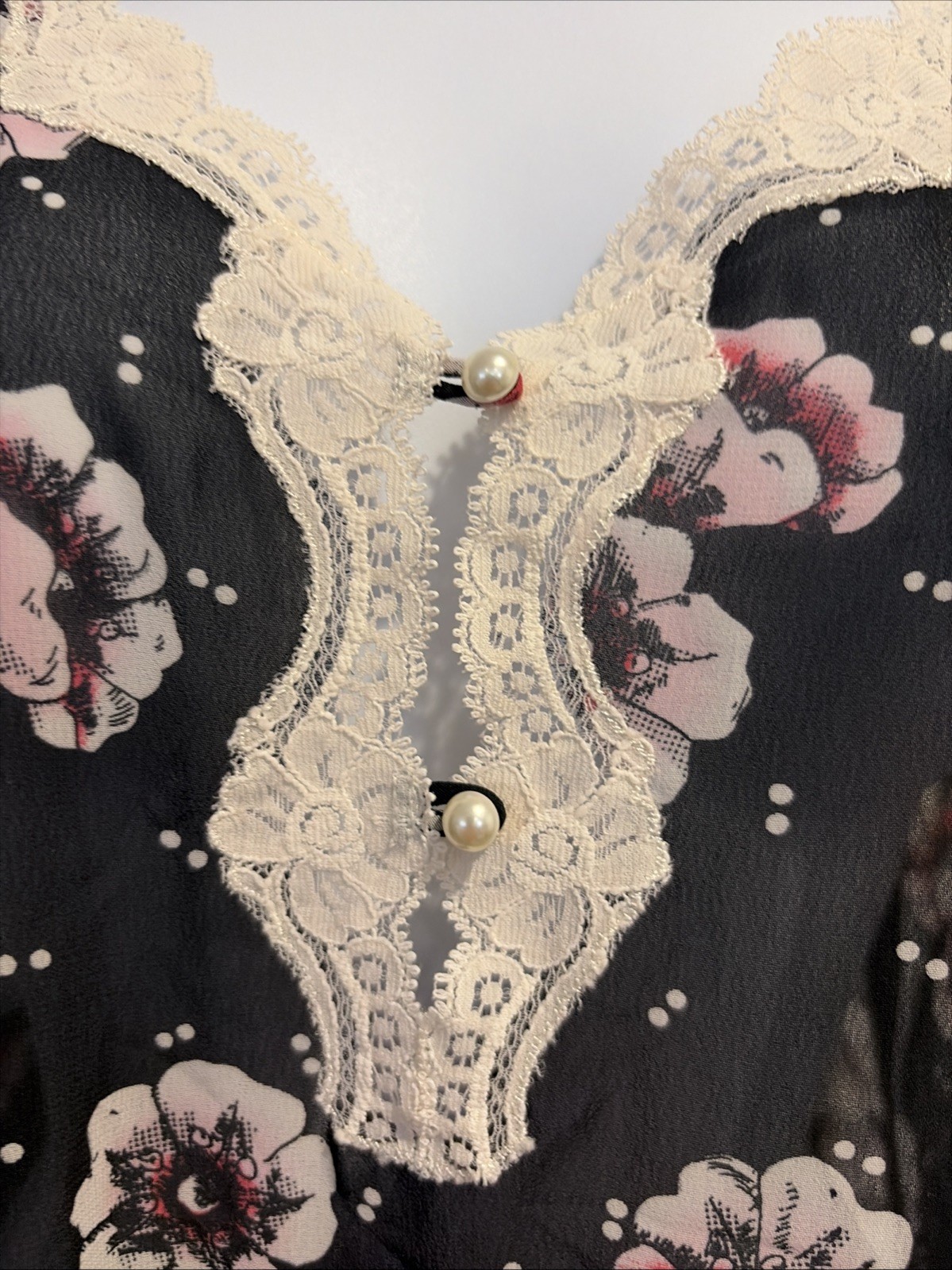 Prima Donna Black Floral with Ivory Lace Trim Long Nightgown Size M