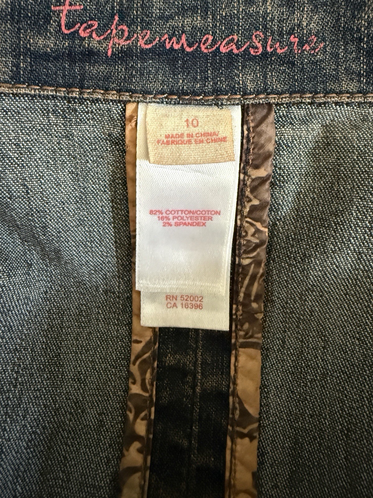 Vintage TapeMeasure Denim Jacket Belted Stretchy Blue Brown Pockets Women 10 EUC