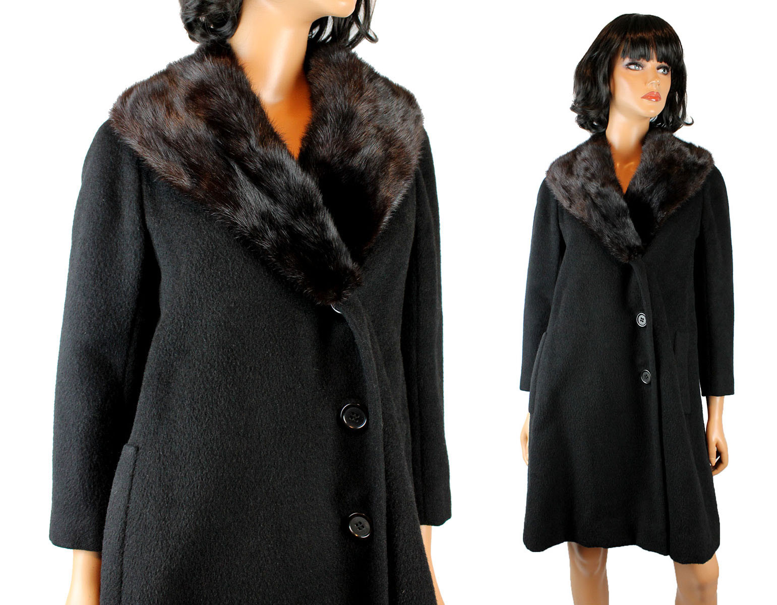 Vintage Swing Coat Sz M 50s 60s Soft Black Wool Mink Fur Collar Jacket Originala