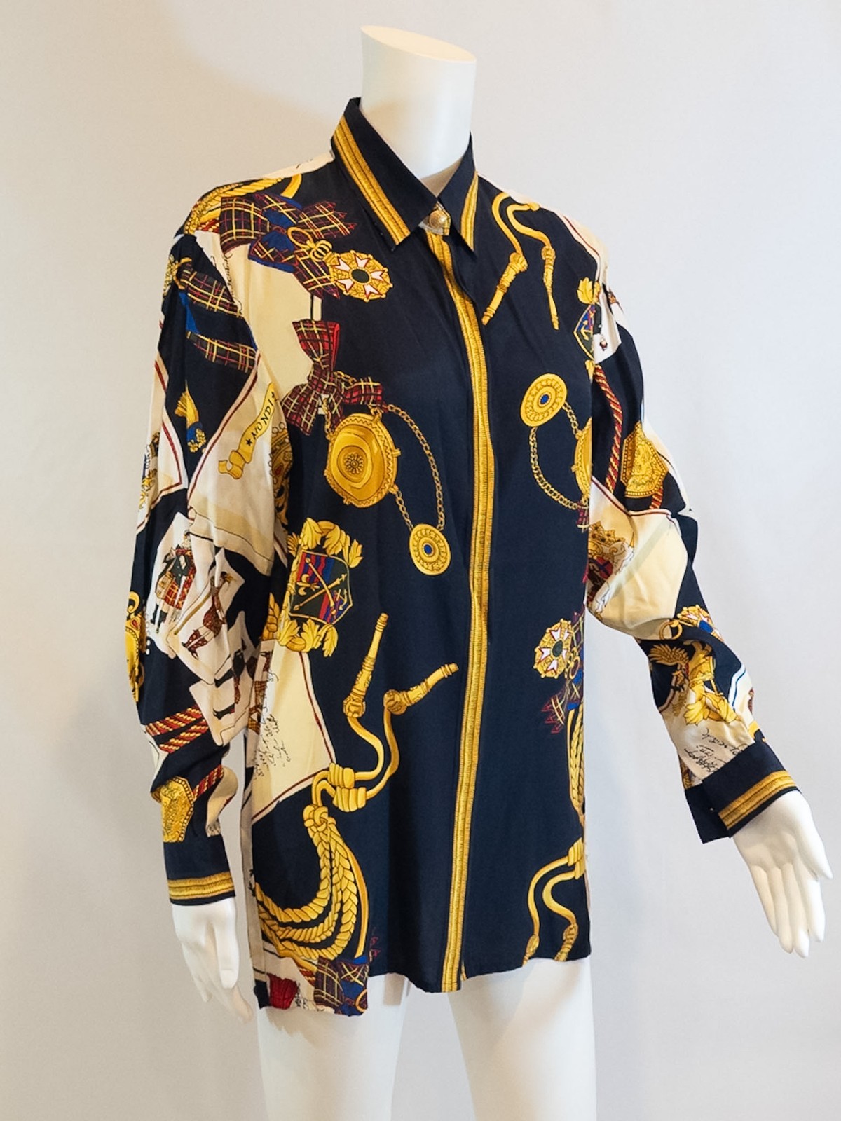 Vintage Mondi Scottish Themed Black and Gold Blouse – Large