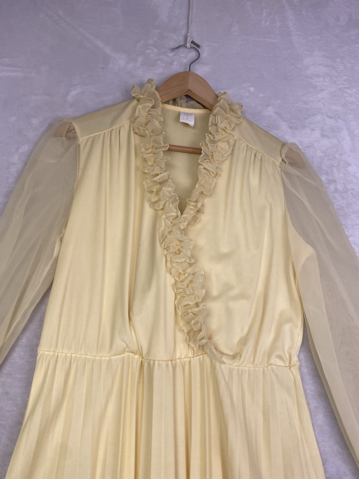 True Vintage 70s Yellow Chiffon Pleated Dress Ruffle Trim Sheer Sleeves USA Made