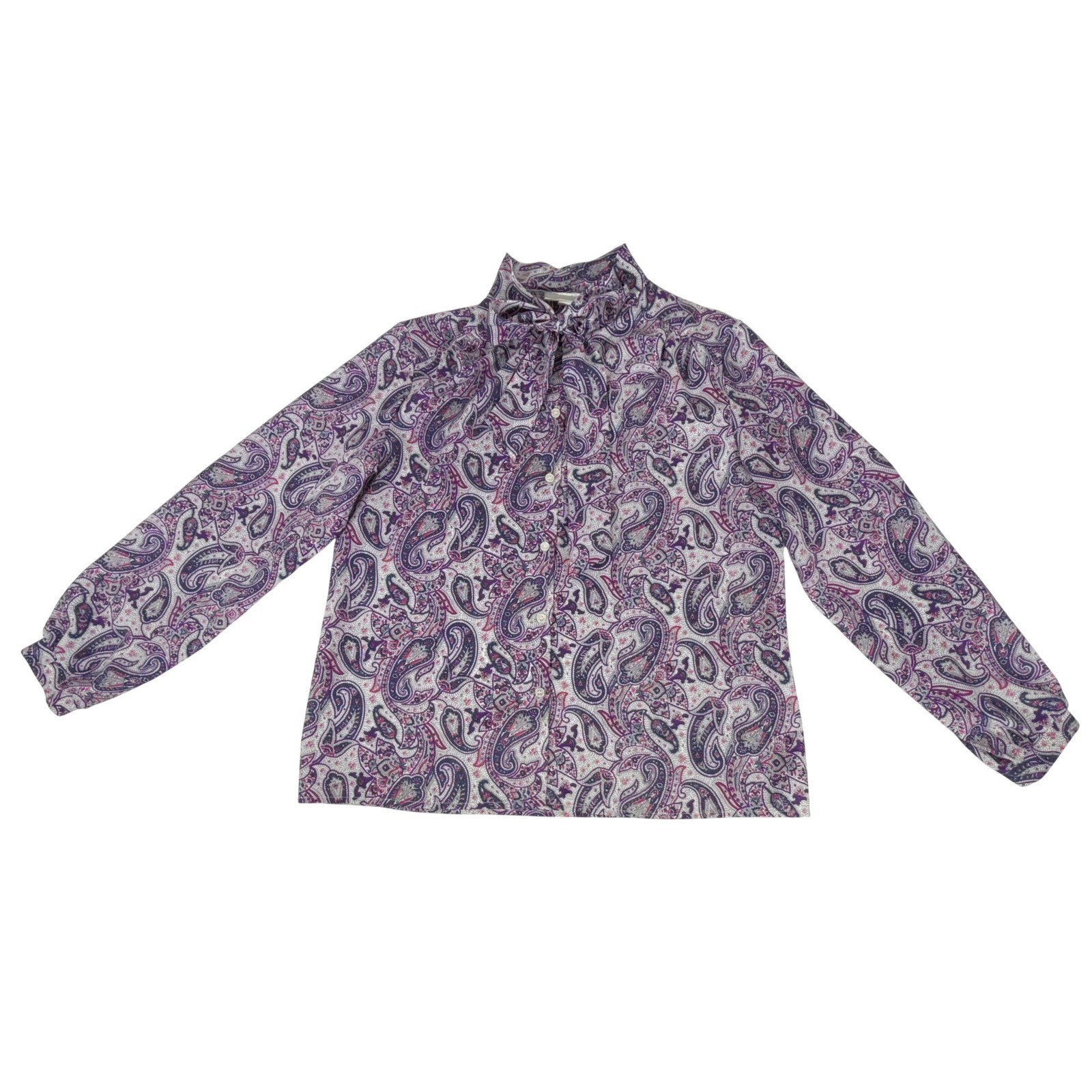Lady Arrow Blouse Large Purple Paisley 80s Secretary Tie Neck Dark Academia USA