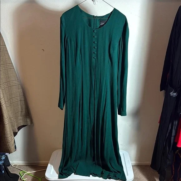 Vintage 90s Brett Alixander LS Button Pleat Front Maxi Dress Green Size 15/16