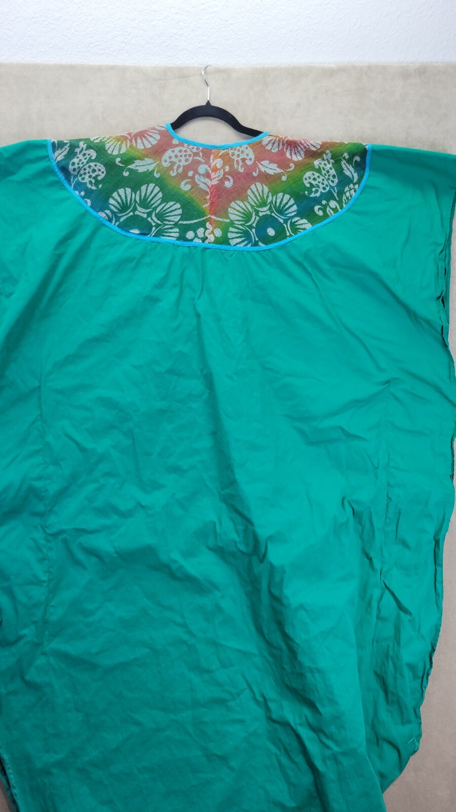 Vintage Womens Teal Muumuu With A Multi Colored Cheese Cloth Vneck Design