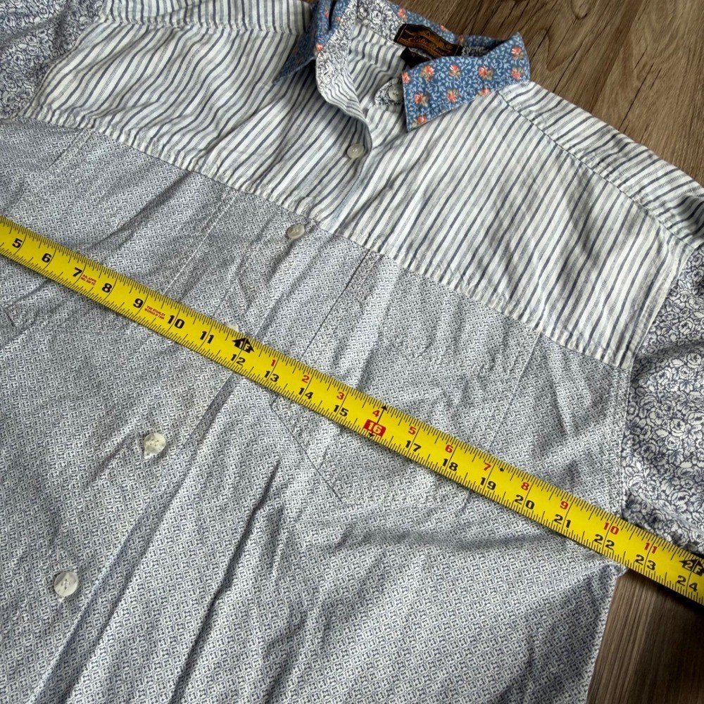 Vintage Eddie Bauer Blue White Mixed Print Patchwork Button Down Shirt Large