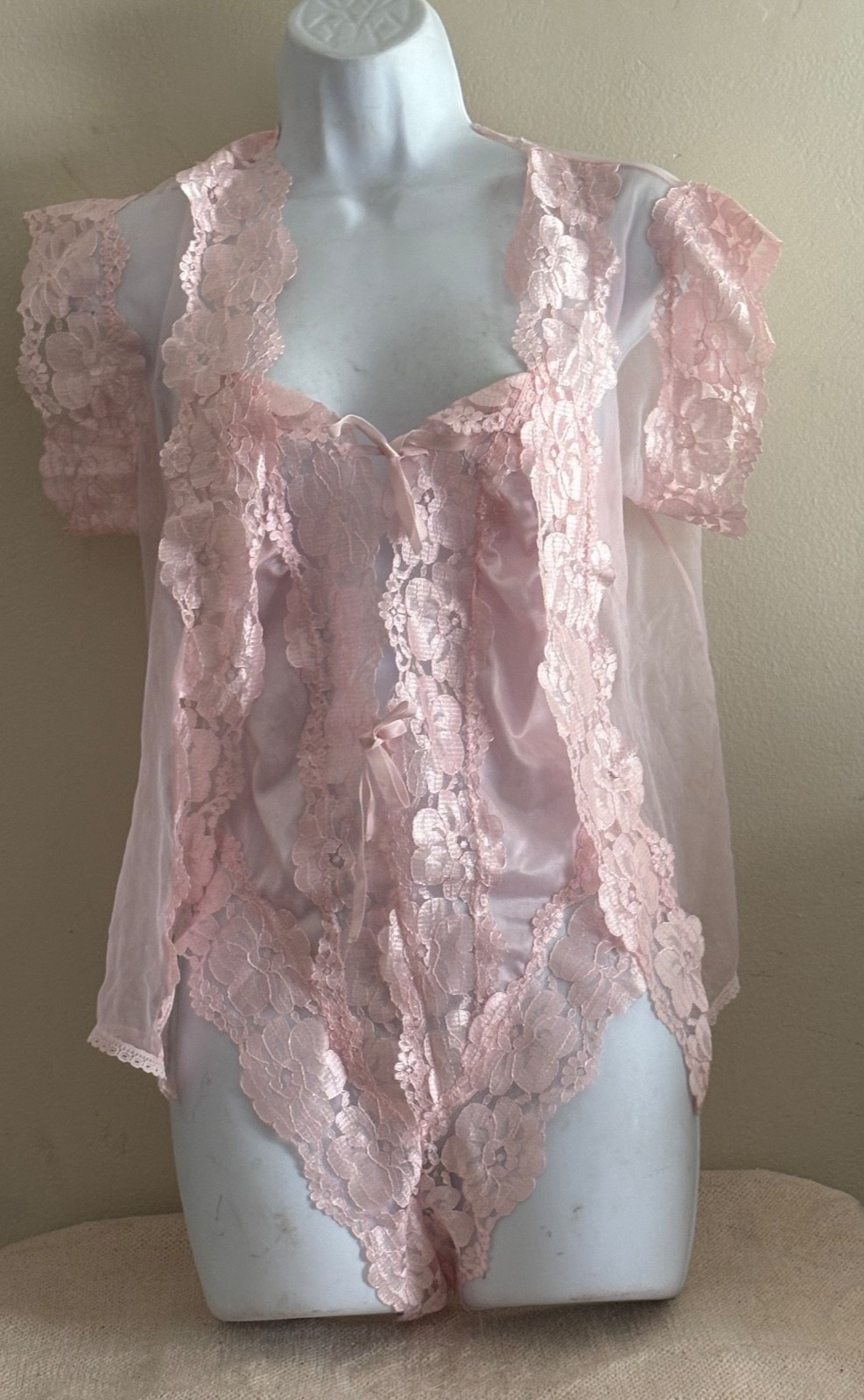 NEW Vintage Alana Gale 2 Pc Pink Sheer Nylon Lace Teddy Lingerie Set-Size Large