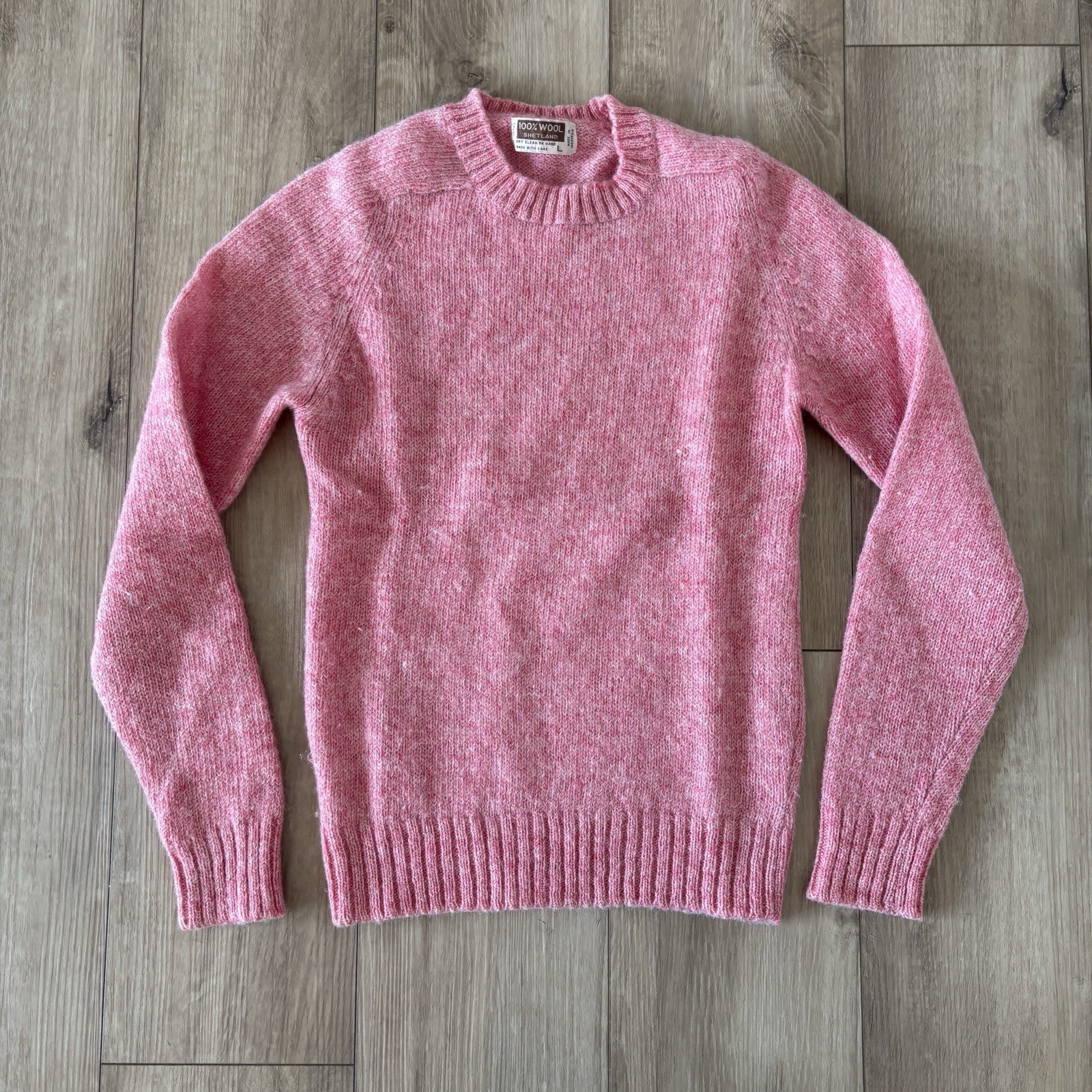 100% Shetland Wool Sweater Size Large Vintage Crewneck Light Pink Long Sleeve