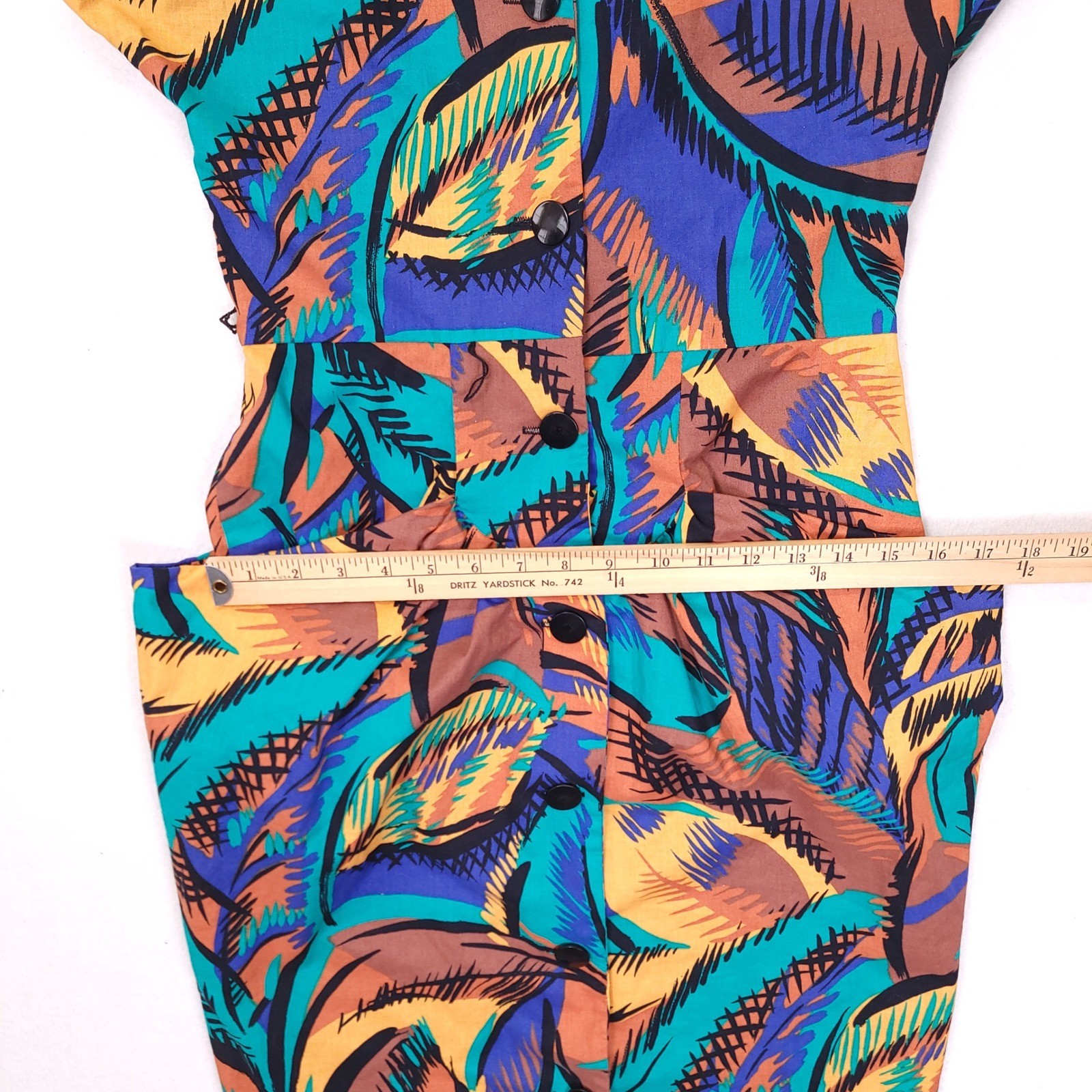 Vintage 80s Abstract Tropical Midi Dress Sleeveless Padded Shoulder Multicolor