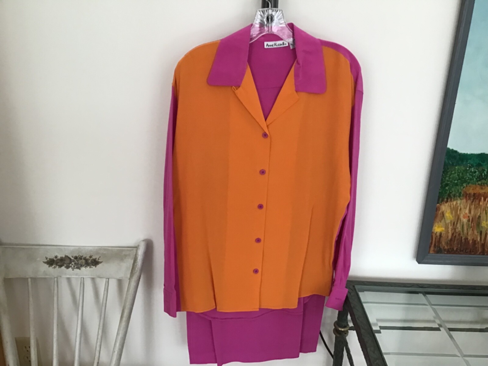 Vtg ANNE KLEIN II Silk Blouse Size 6 Skirt Size – 8 Hot Pink Orange Color Block