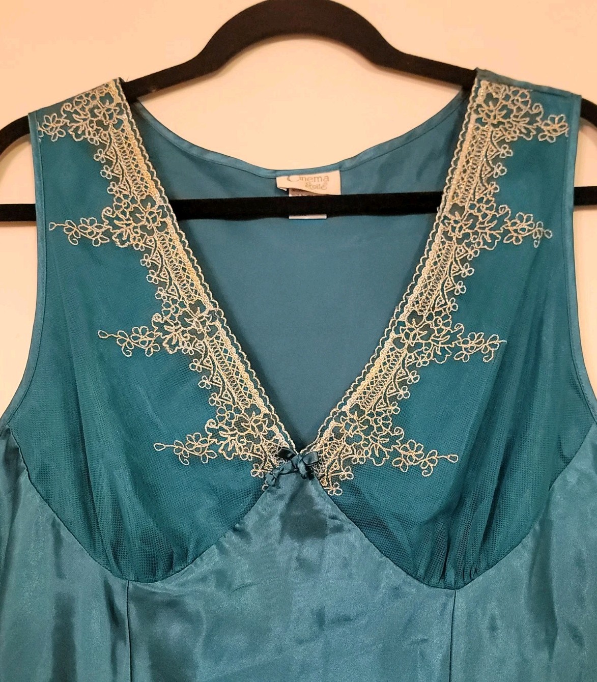 VTG BABYDOLL Cami Slip Dress Night Gown Size L Lace Aqua Blue KNEE LENGTH