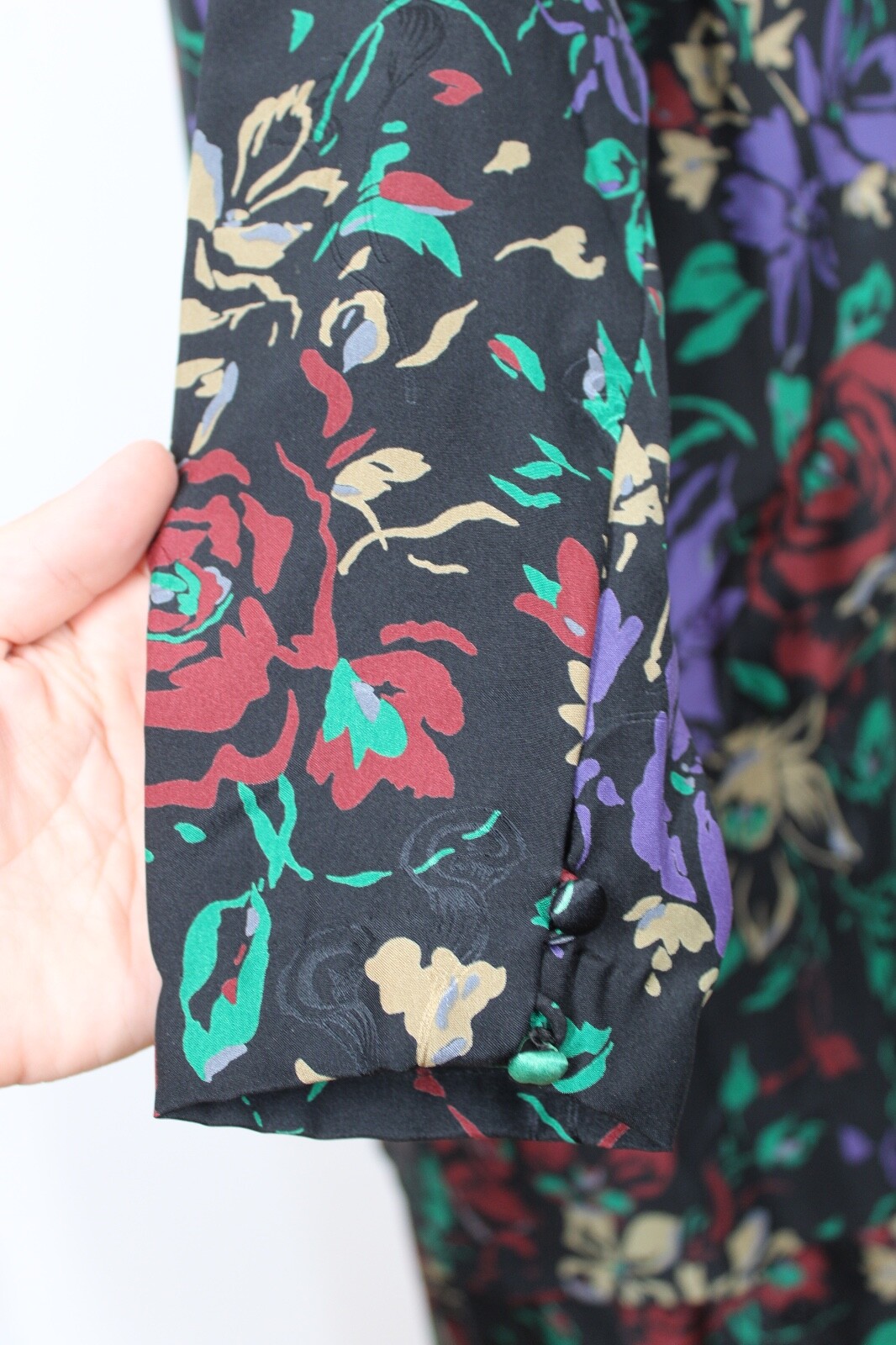 Vtg 80s Francesca of Damon Starington 10 Dark Floral Silk Drop Waist Dress