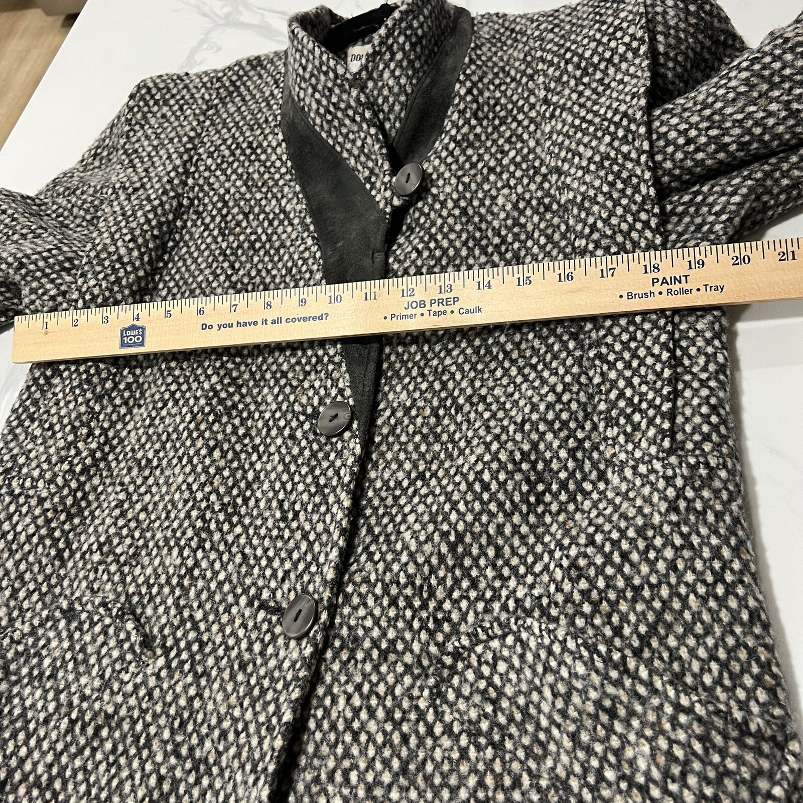 Vintage 80s Donnybrook Wool Blend Suede Trim Mid Length Diamond Tweed ILGWU USA