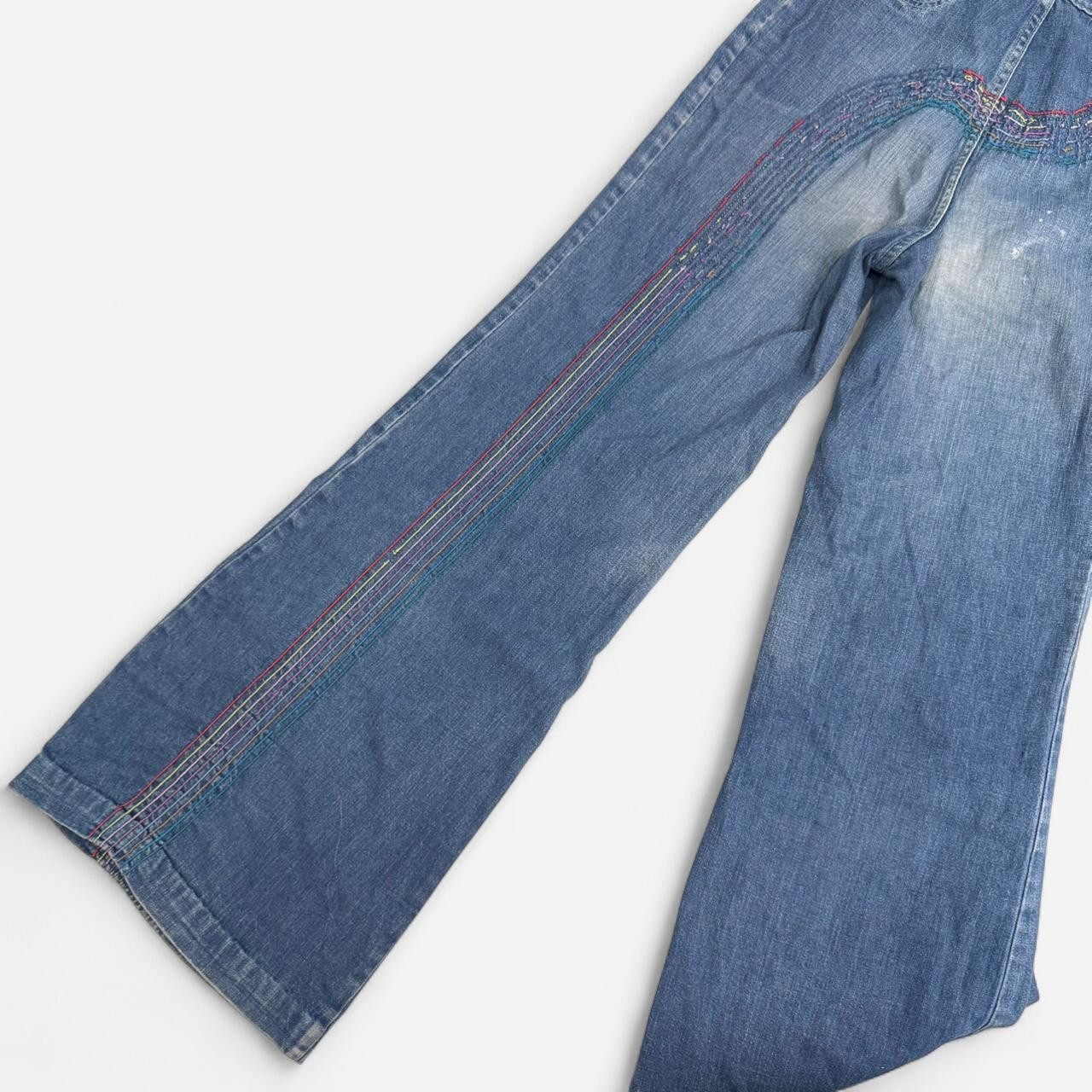 VTG 70s Rainbow Wave Bell Bottoms High Waisted Flare Leg Jeans Scovill Zip 26×31