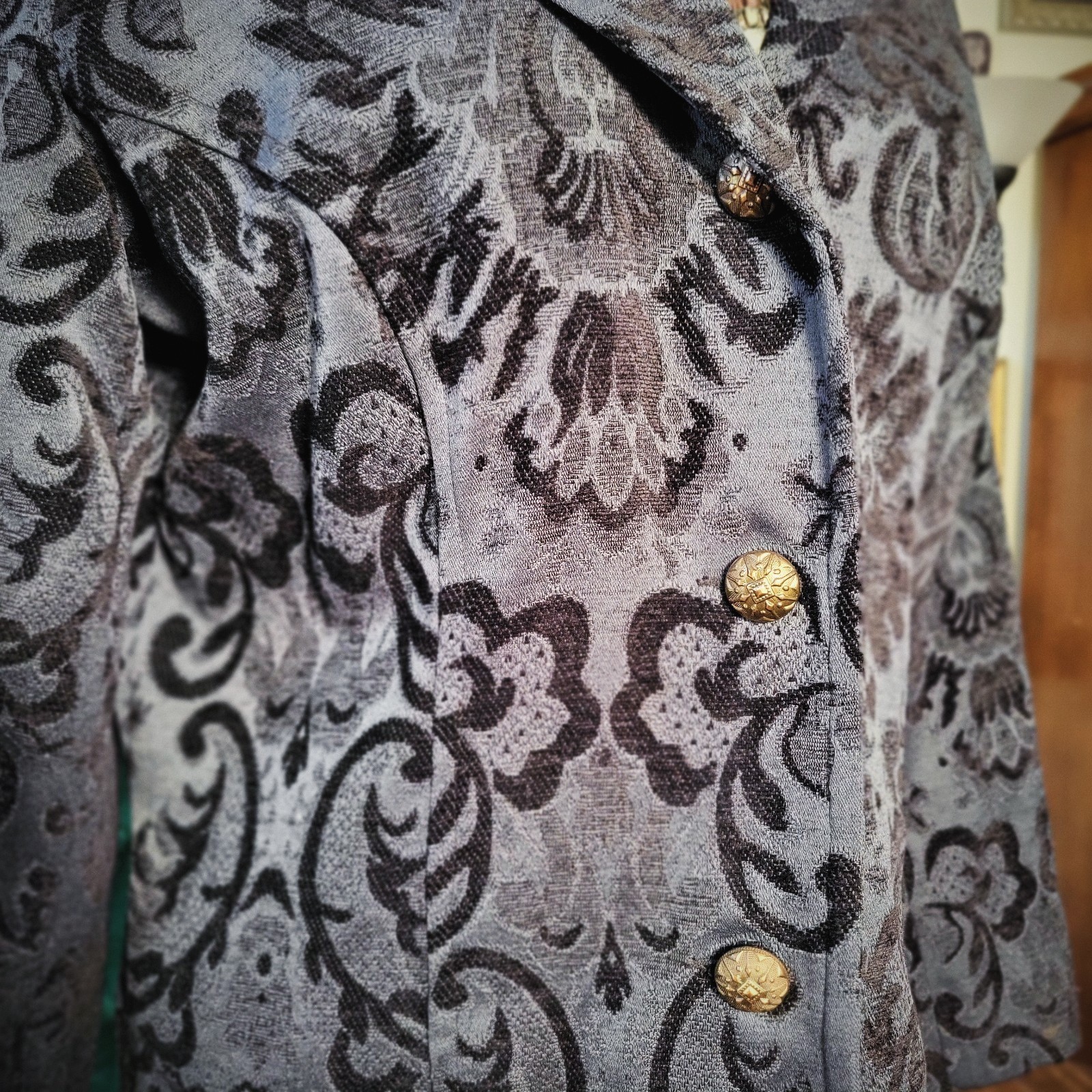Erin London Damask Coat Vintage 90s Tapestry Grey Black Brocade Long Jacket M