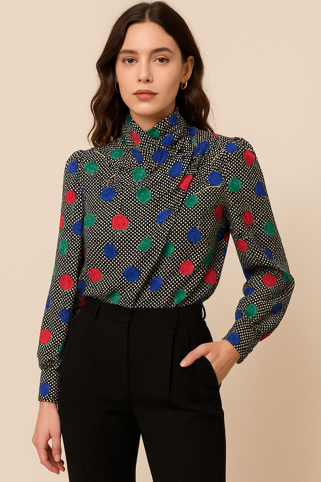 80s Vtg Polka Dot & Roses Blouse Erena By Irene Koekig Sz Small / Medium