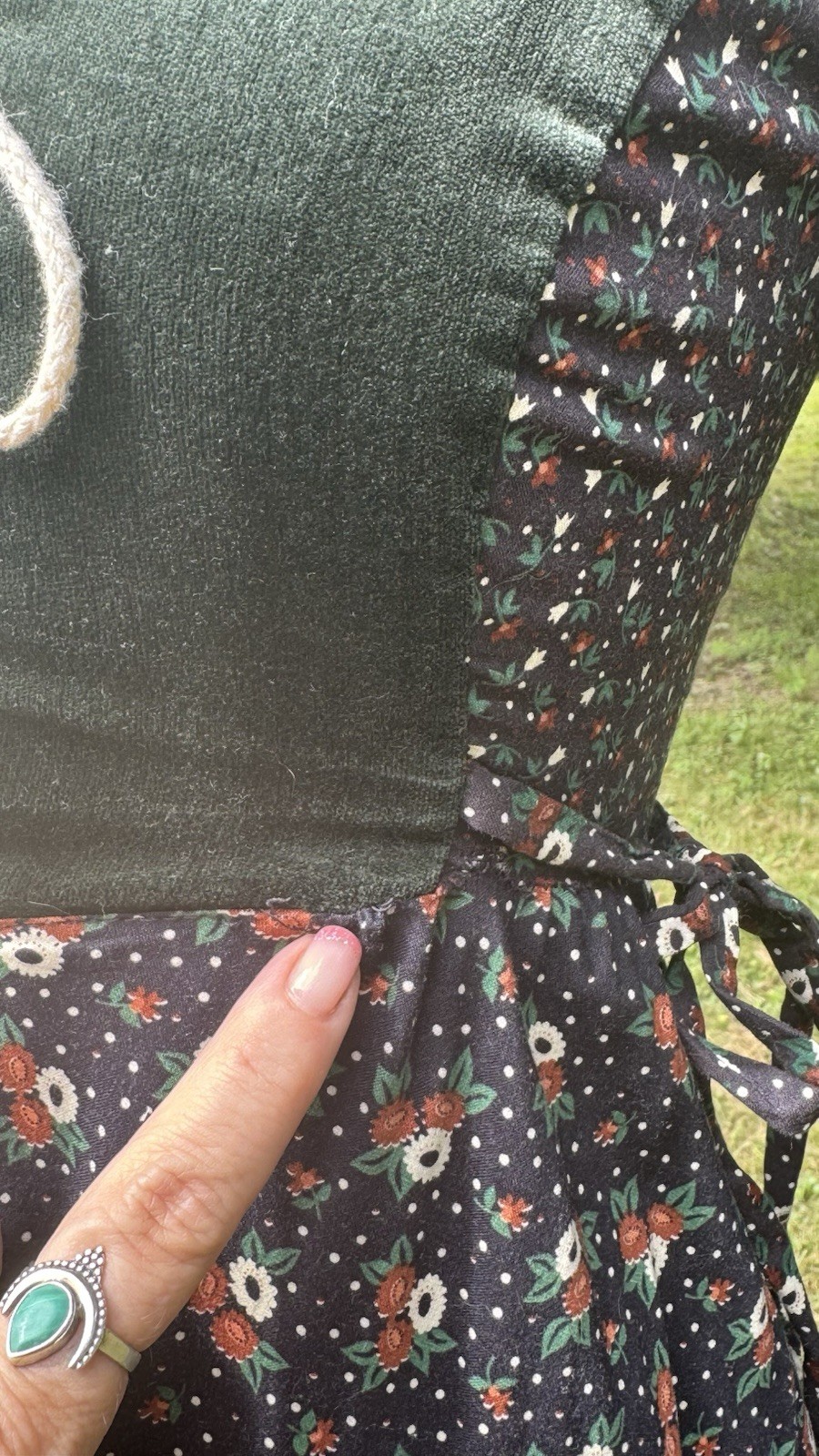 Gunne Sax Gunne Sax green velvet + floral print dress with lace up corset Small