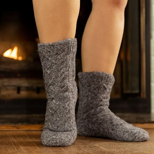 Slipper Socks for Women with Grippers Non Slip, Sherpa Lined Large Grey Marl