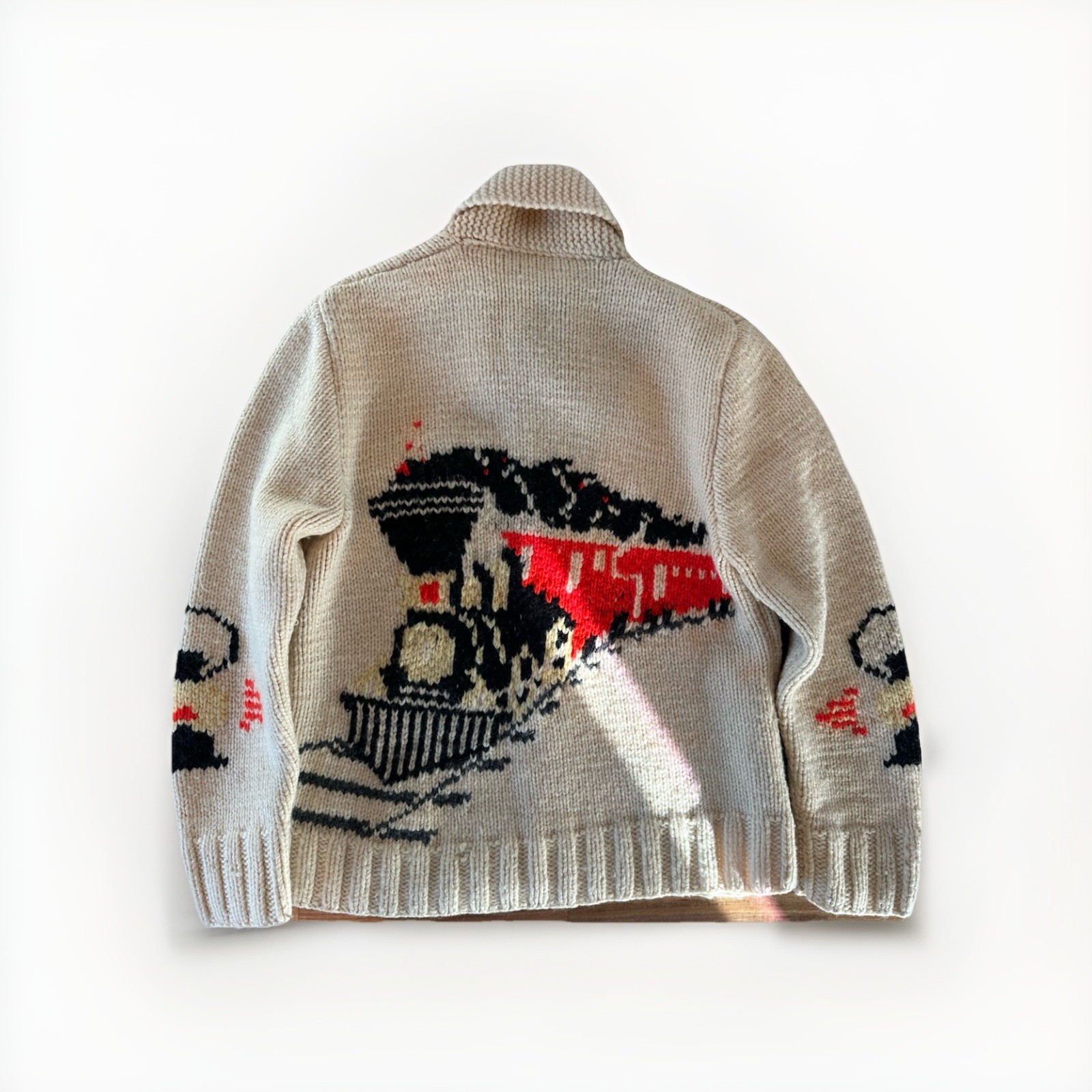 Mary Maxim Style Vintage Hand Knit 50s Zip Cardigan Sweater Railroad Motif small