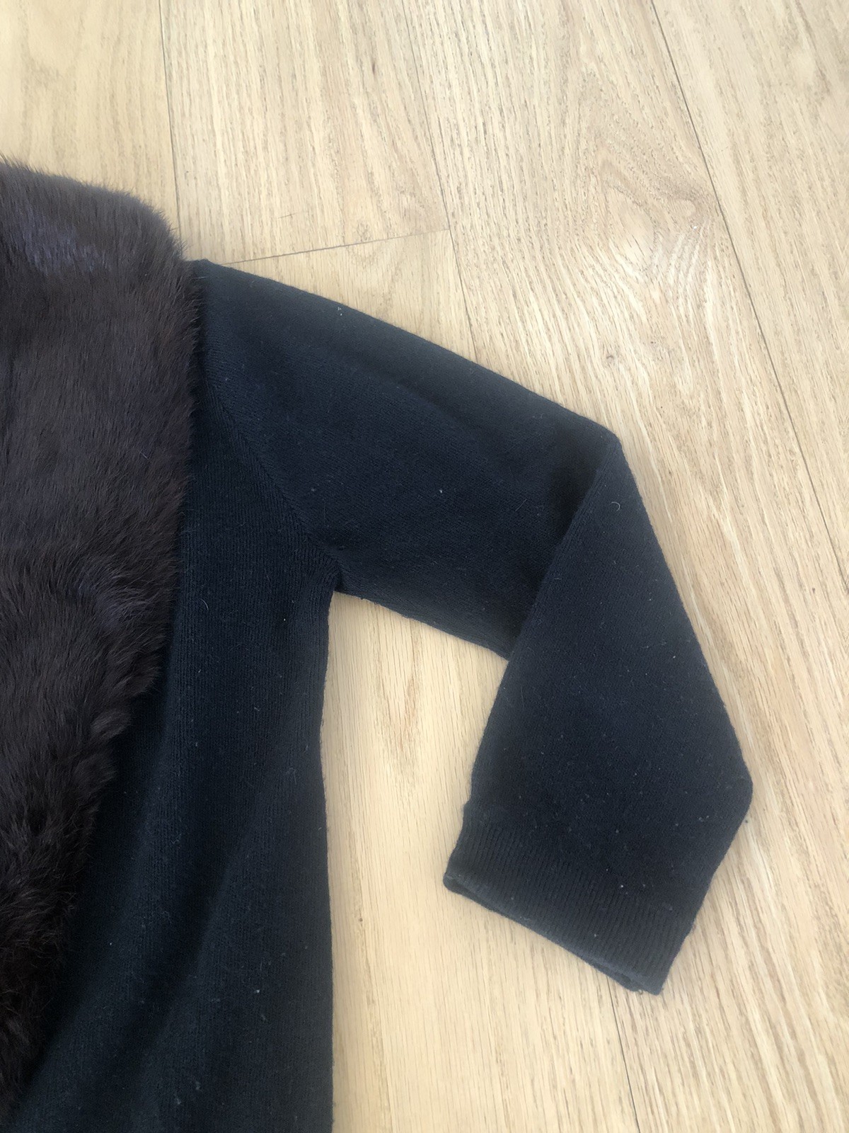 60s VTG Wool Cardigan w Black FUR COLLAR and Rhinestone Clasp