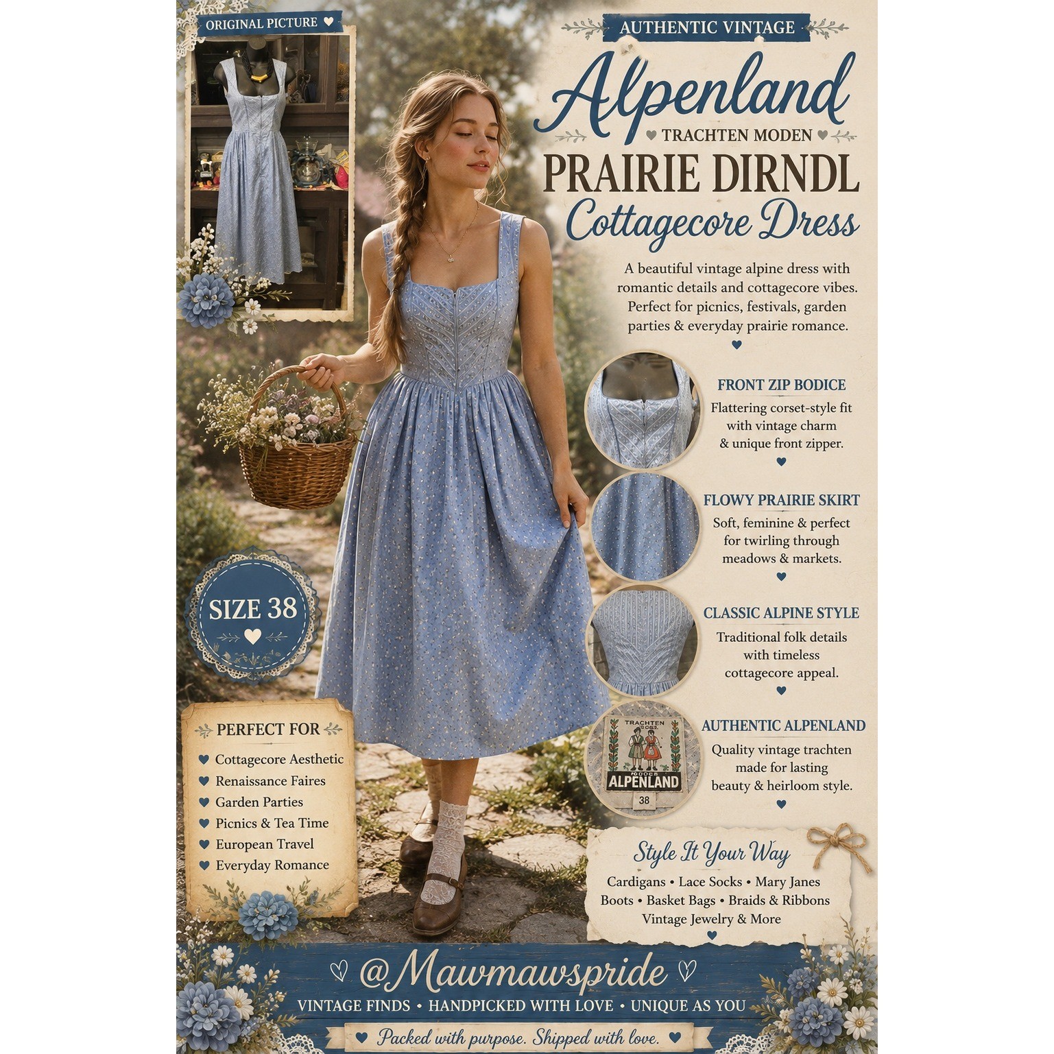 Alpenland Vintage Blue Floral Prairie Dirndl Cottagecore Dress 38 S M Cotton