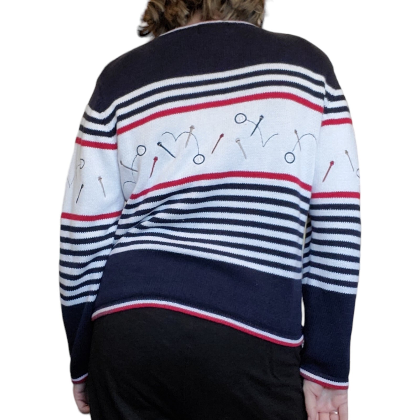 90s M Novelty Golf Tee Zipup Cardigan Sweater Preppy Striped Navy Country Club