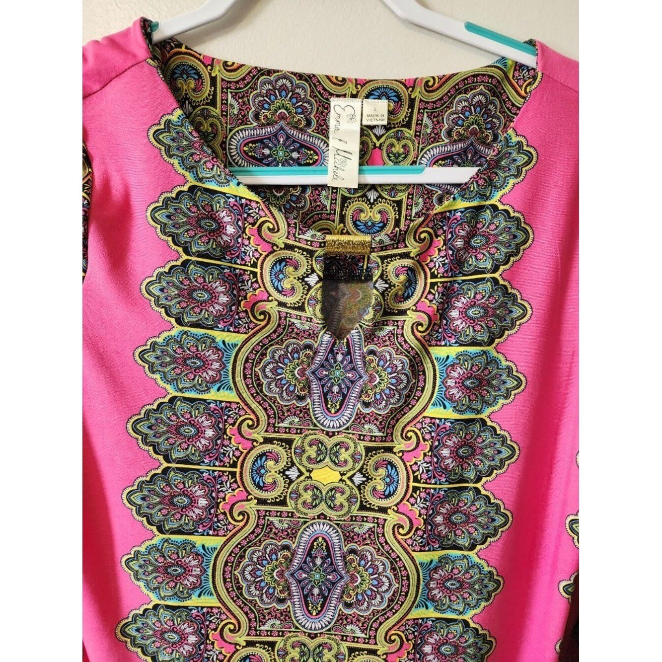 Emma & Michele Tunic Dress Women’s Large Pink Paisley 3/4 Sleeve Keyhole Neck