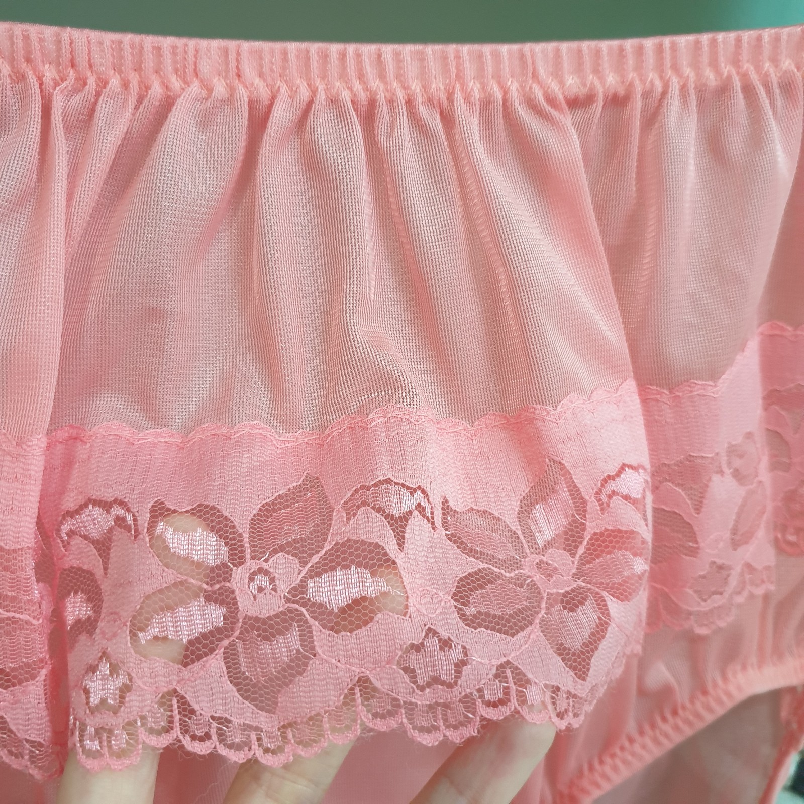 Vintage Sheer Nylon Panty Sissy Peach Floral Lace Granny Brief Sz. 8 Hip 39-43″