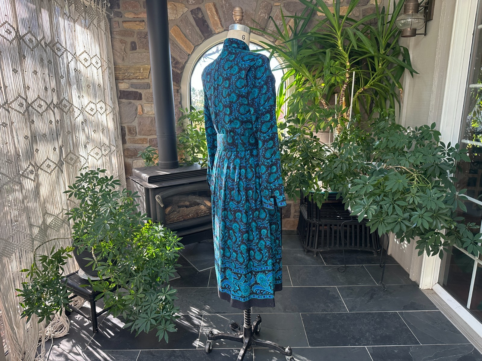 Vintage 1980s Black Blue and Green Floral Rayon Wide Belt Dress California Girl