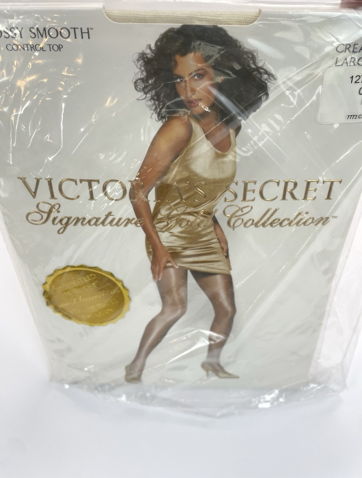 VTG New Victoria Secret Signature Gold GLOSSY SMOOTH CT Pantyhose Cream L NIP