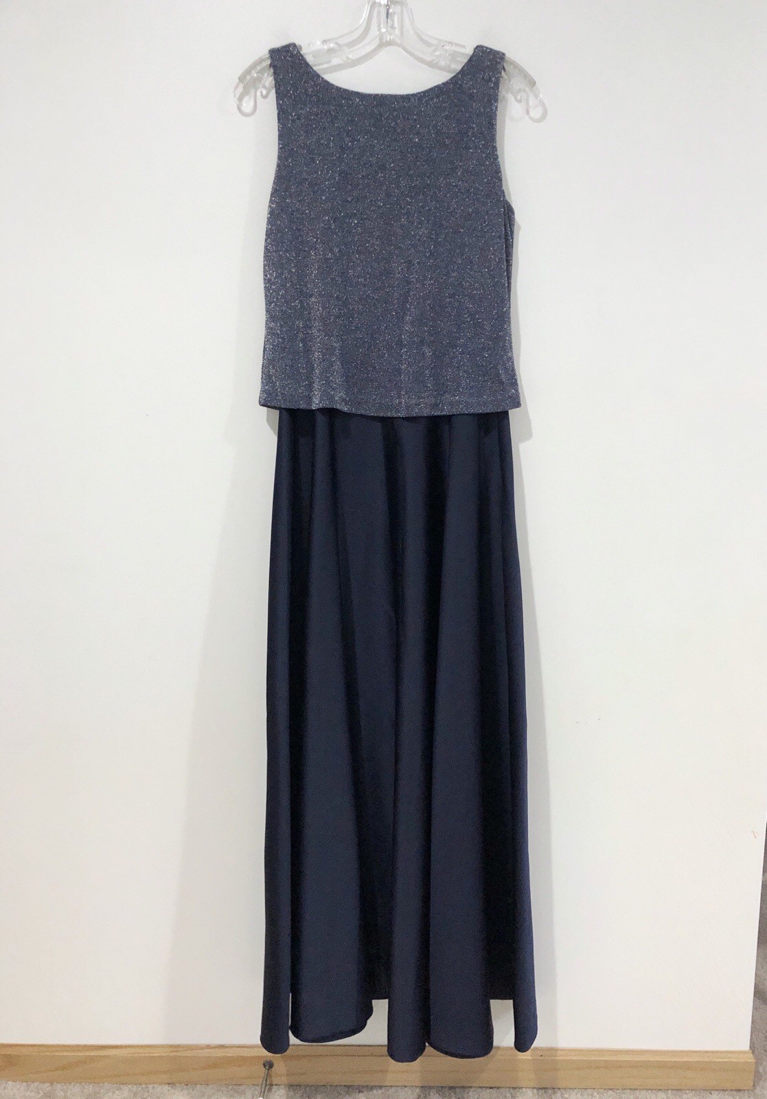 VTG Arianna Ny Rachel Kaye Navy Blue Gray Metallic Top Sleeveless Maxi Dress 6