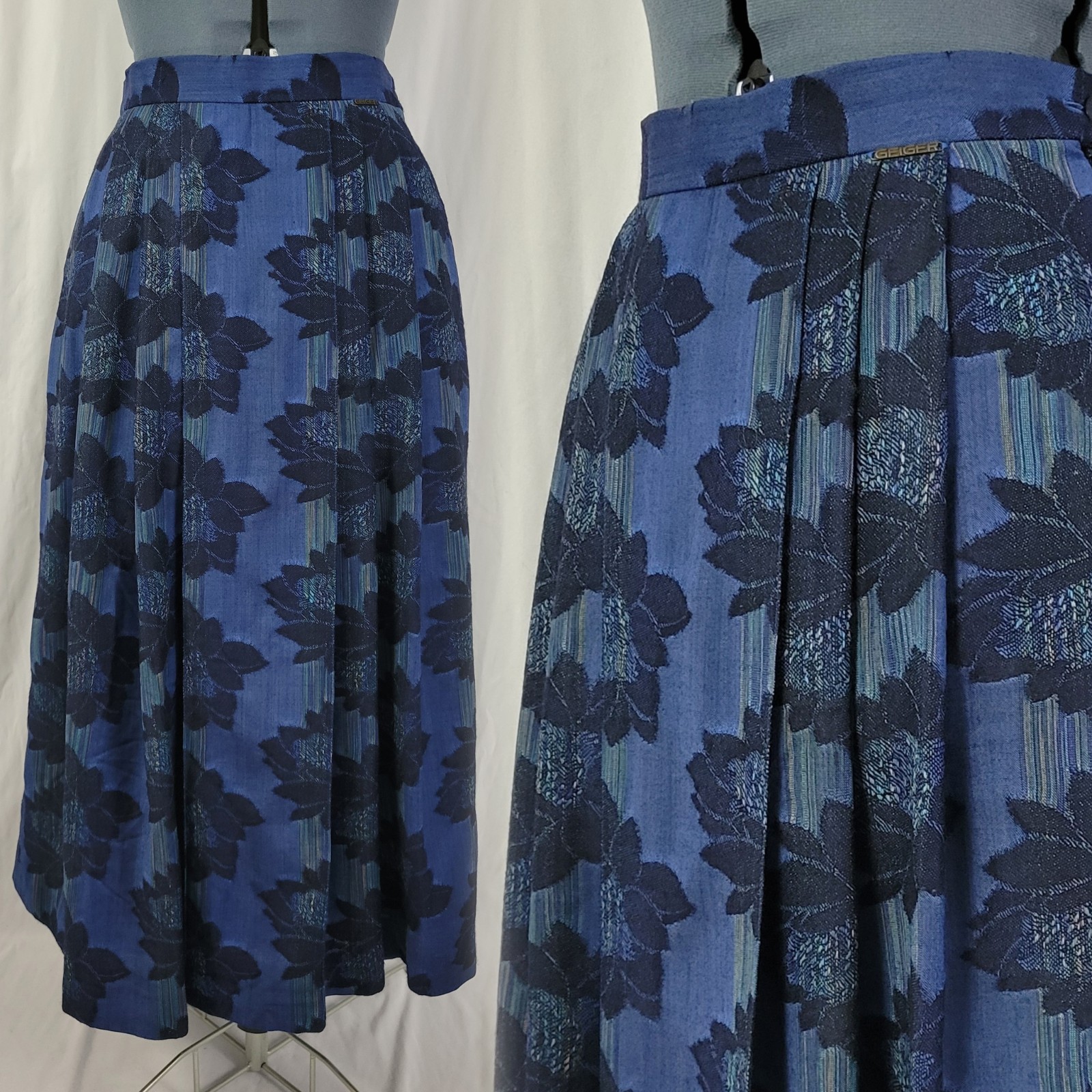Vintage Geiger 100% Wool Blue Pleated Skirt w Black Flowers Size 40 (US Med)
