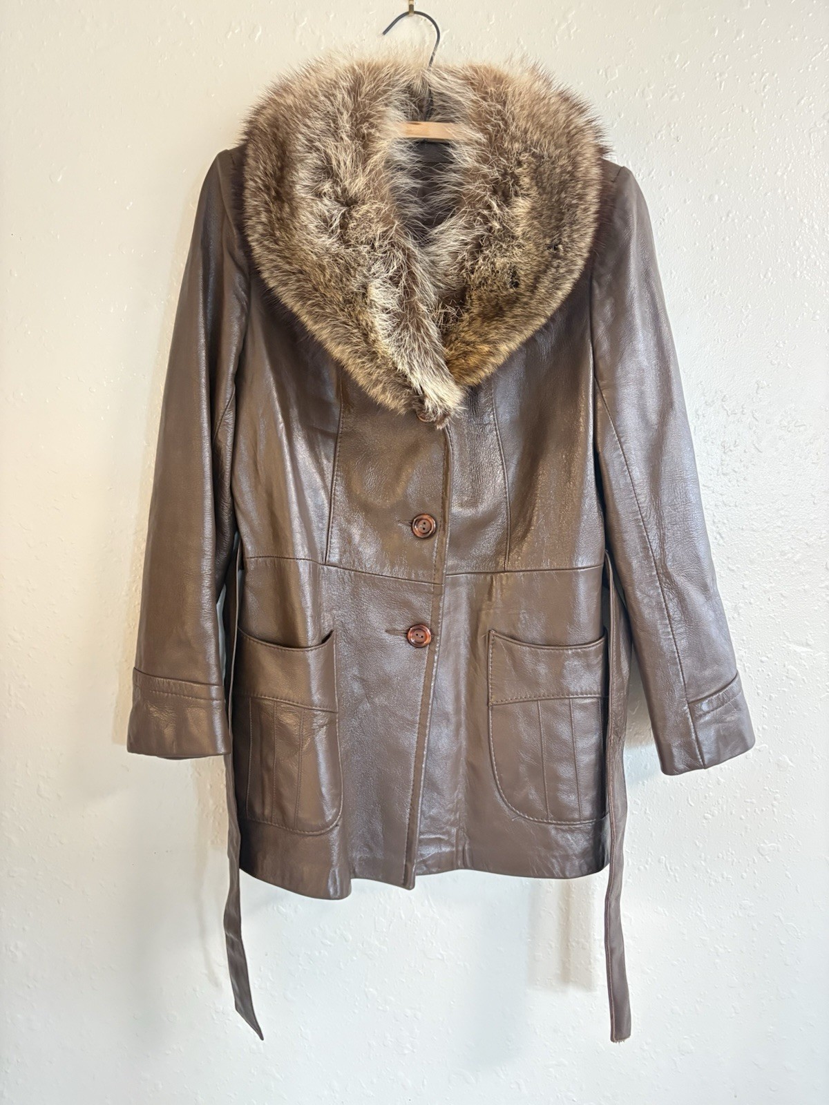 70s Womens S Raccoon Fur Brown Leather Peter Caruso Belted Jacket Coat Vintage