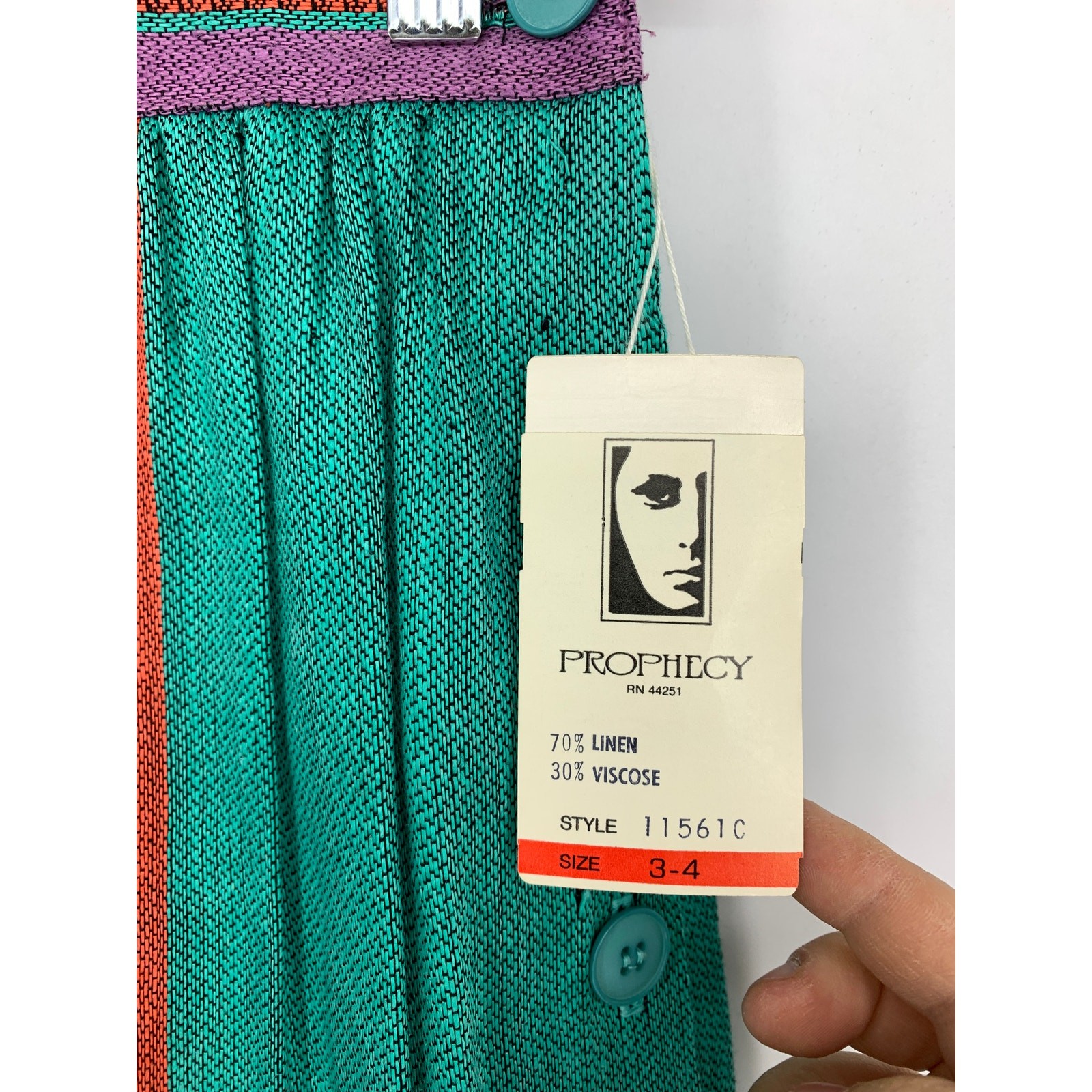 VTG 80s Prophecy Midi Skirt Womens XS Multicolor Purple Green Red Linen Blend