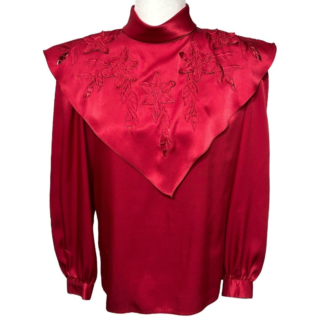 Vintage Nilani Red Satin Blouse With Embroidered Floral Yoke Size 9 / 10
