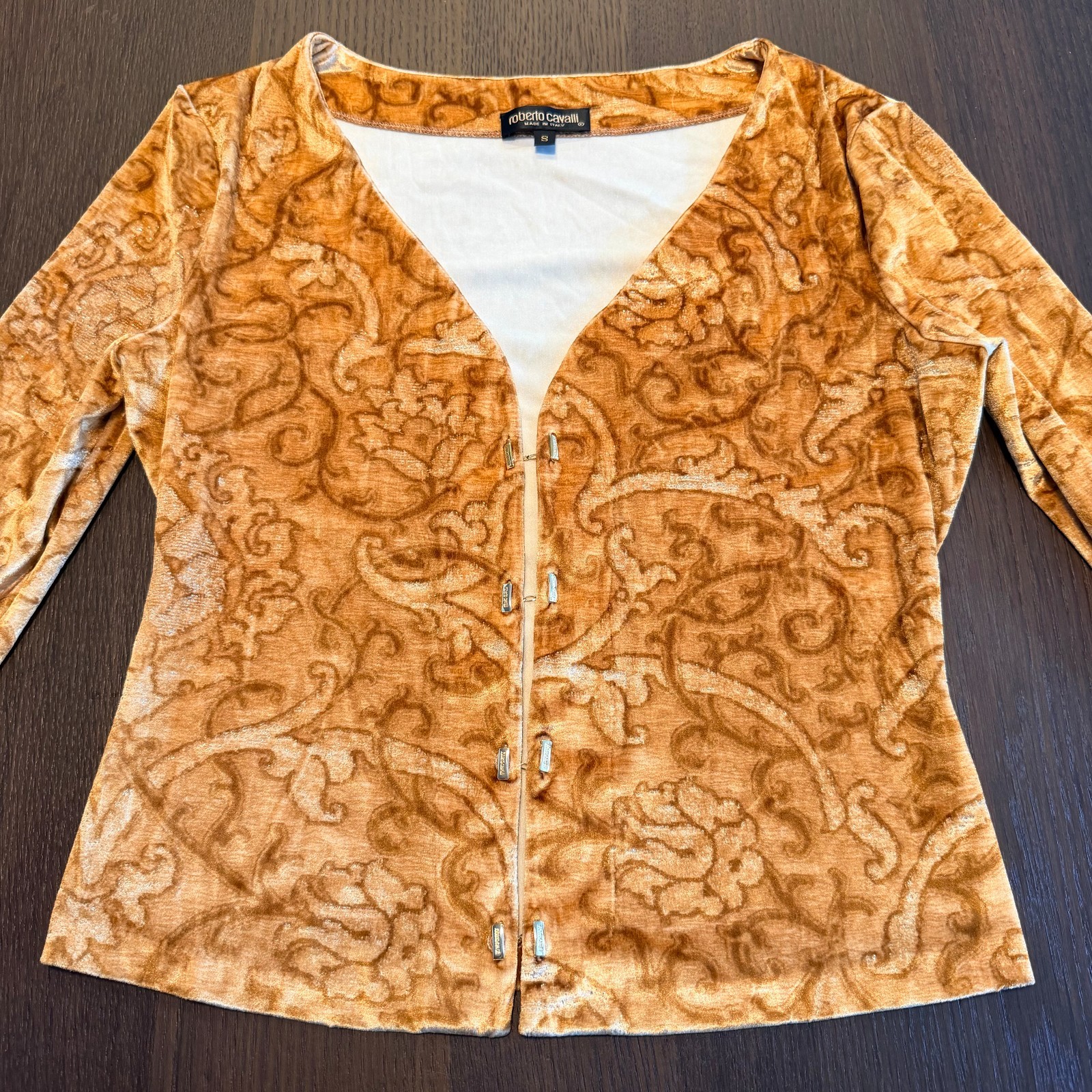 ROBERTO CAVALLI stretch velvet set top & skirt Baroque print from 1990s