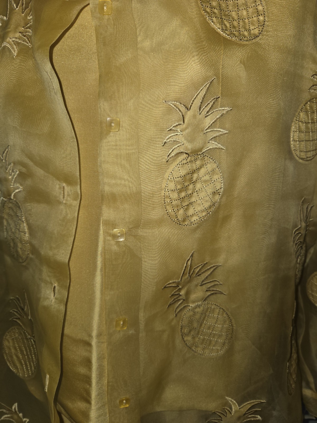 Vintage sz 8 Poetic Petite Gold Silk Outfit Sheer Pineapple Blouse Shell Pants