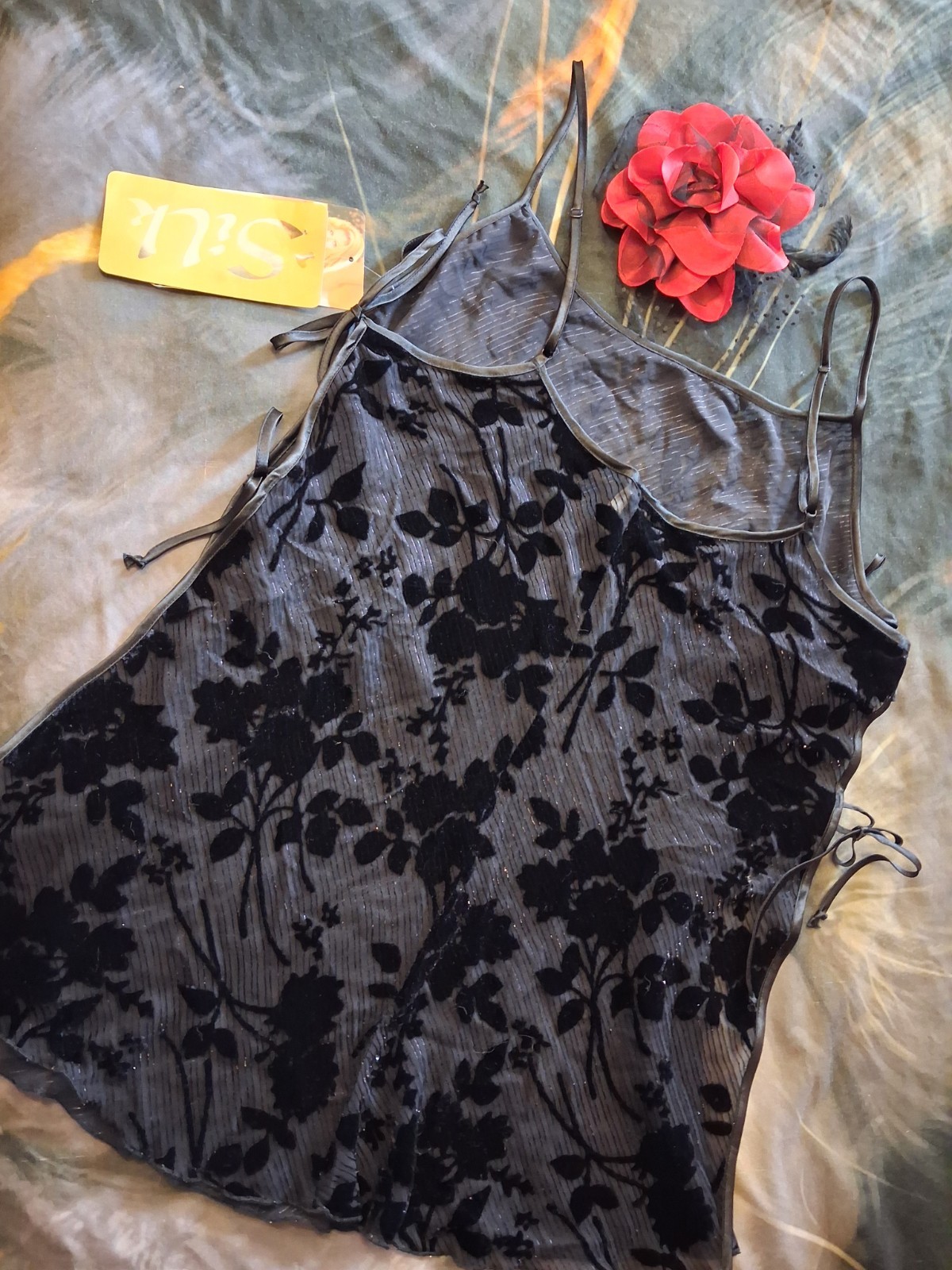 Vintage Shirley Of Hollywood Lingerie Large Black Silk Open Tie Babydoll New Y2K