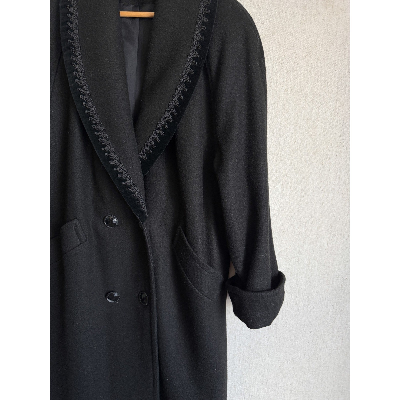 Vintage Jofeld Black Wool Long Coat Velvet Soutache Trim Shawl Collar USA Made