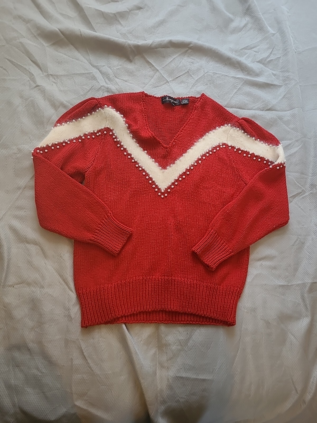 Vintage Angenie Sweater Womens Large Red Angora Blend 80’s Faux Pearl Knit Top