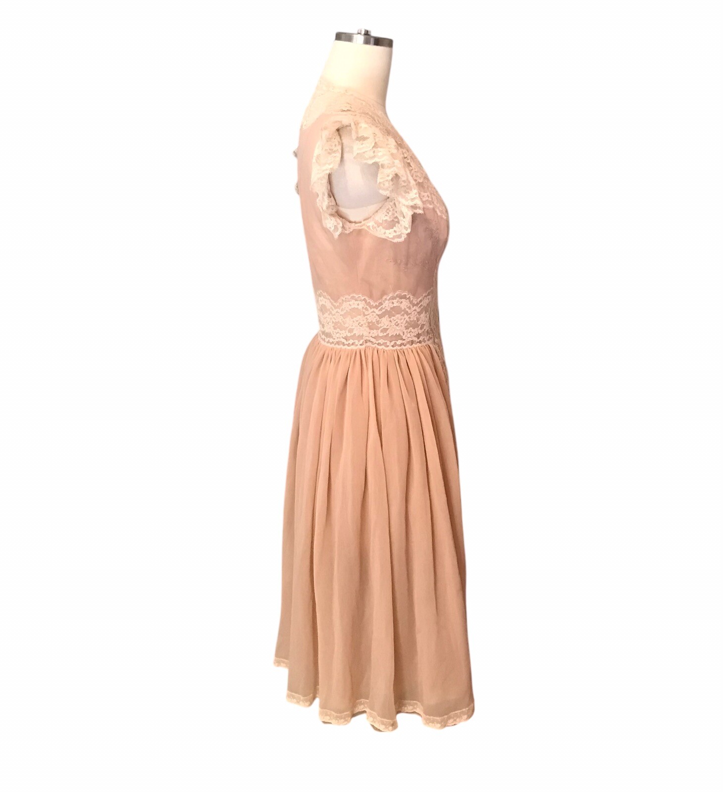 VTG Chiffon Babydoll Peignoir Set Sheer Lace Ruffle Romantic Victorian Women’s S