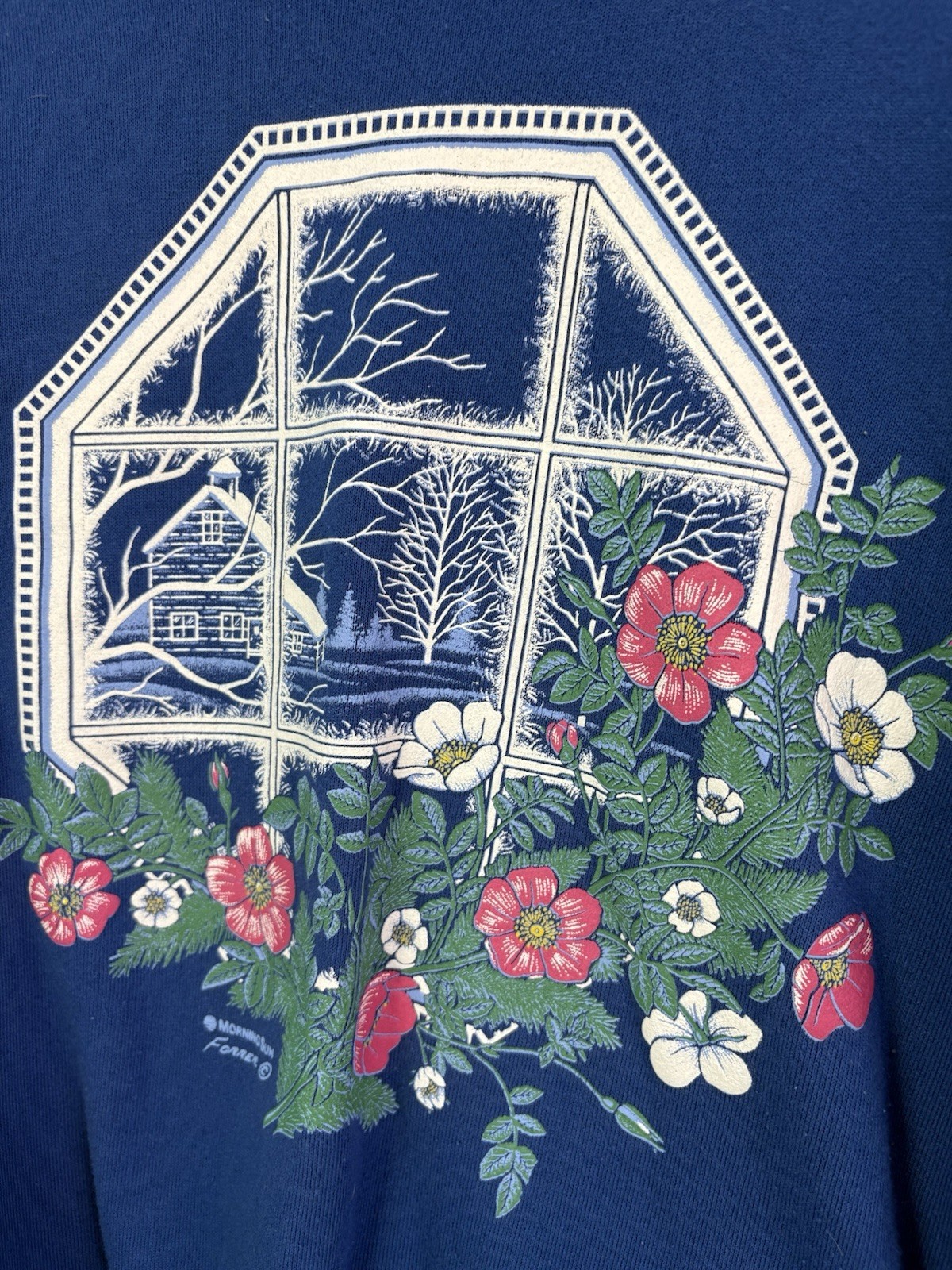 Vintage Morning Sun 90s Streetwear Women XL Farmhouse Flower Sweatshirt Blue USA