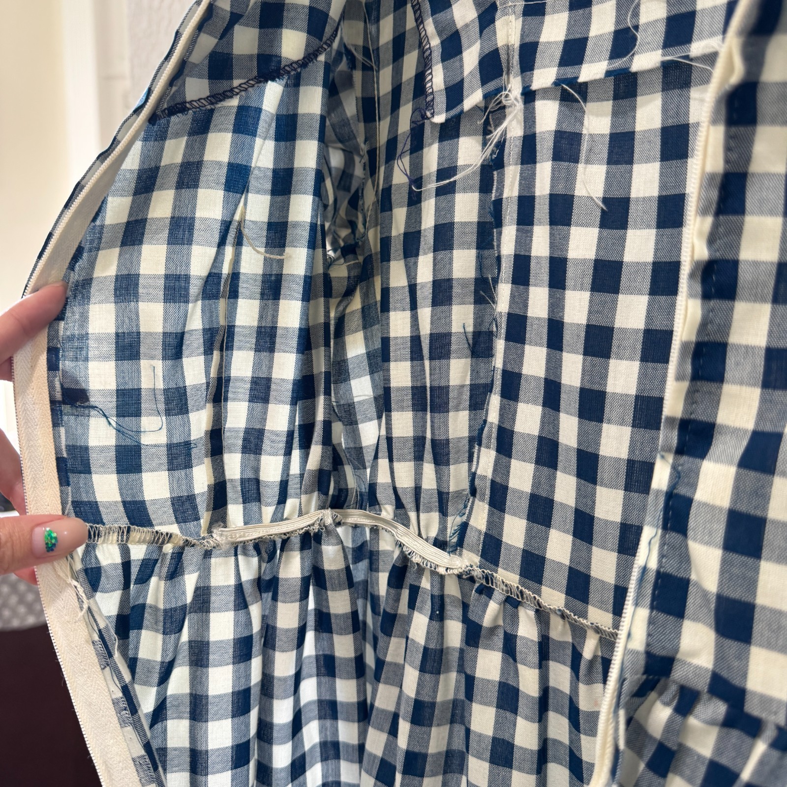 Vintage Handmade Blue White Gingham Prairie Maxi Dress Puff Sleeve XS 70s Style