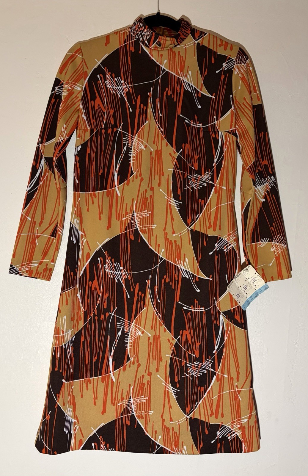 Vintage Mod Dress NWT Go-Go 1970s Brown Orange Yellow 36 M Groovy Splash Pattern