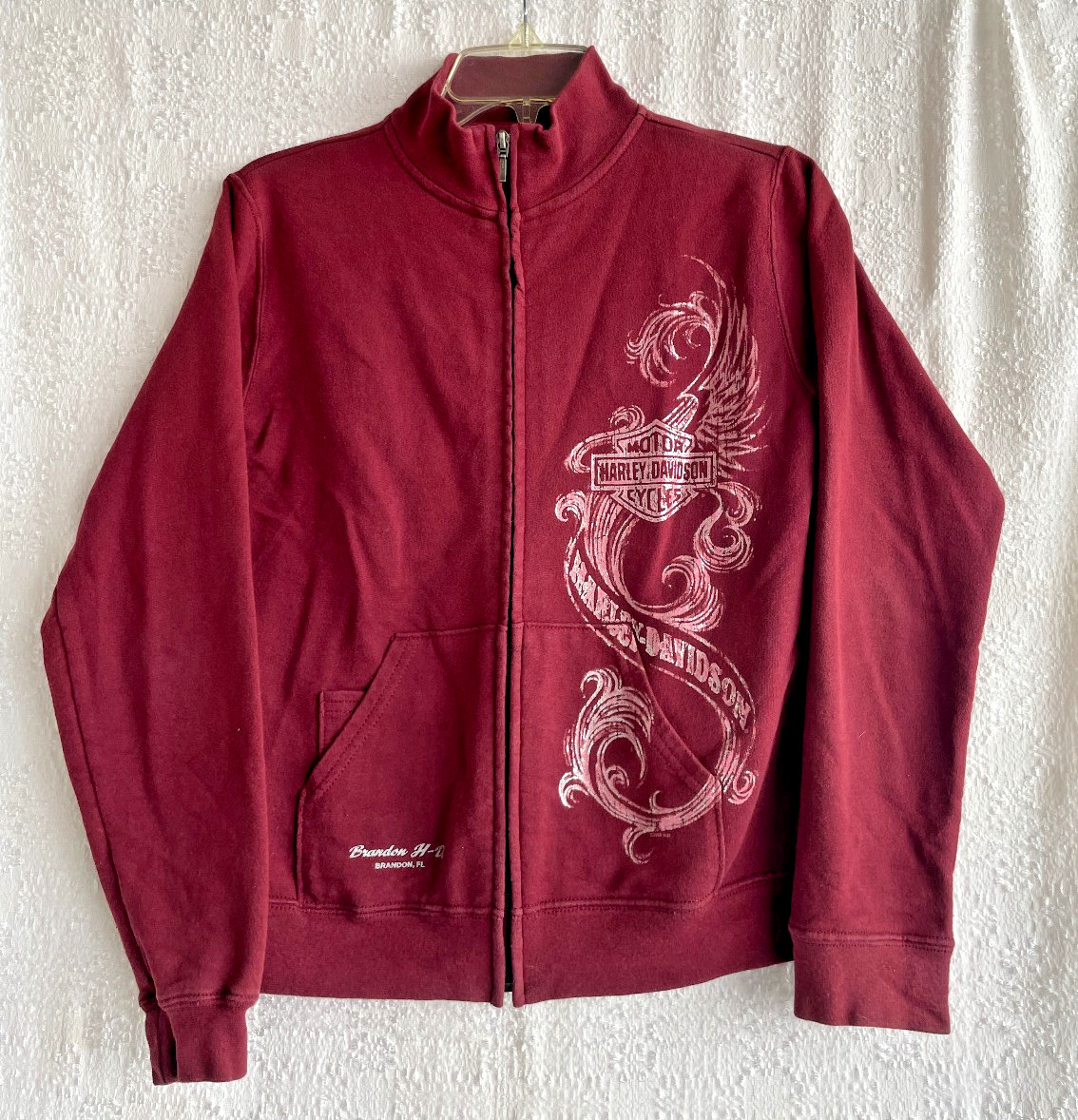 VTG Ladies Harley Davidson Zippered Sweat Shirt Burgundy Brandon FL XS