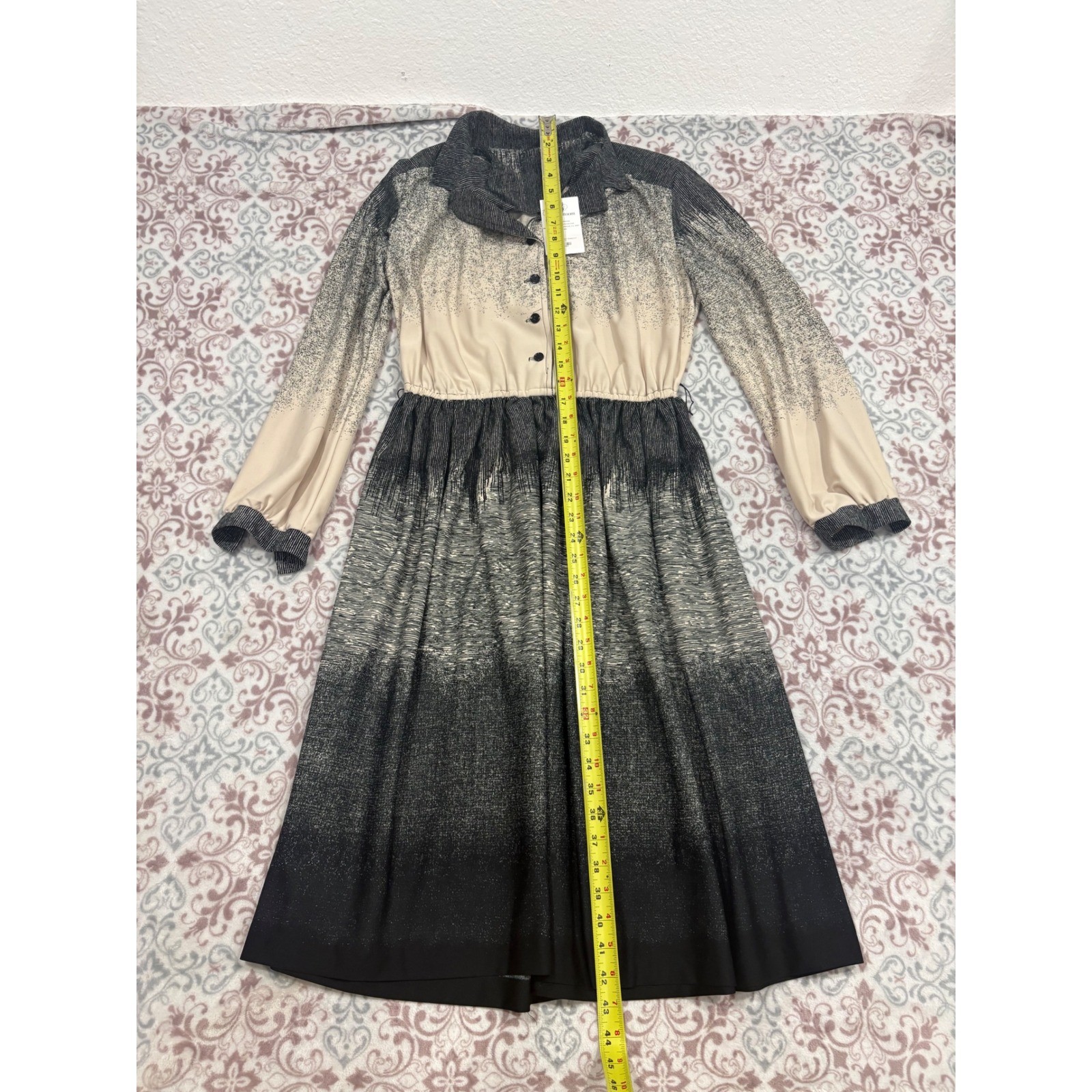 Vintage 60s Black Cream Ombre Gradient Midi Dress Button Front Long Sleeve Sz 14