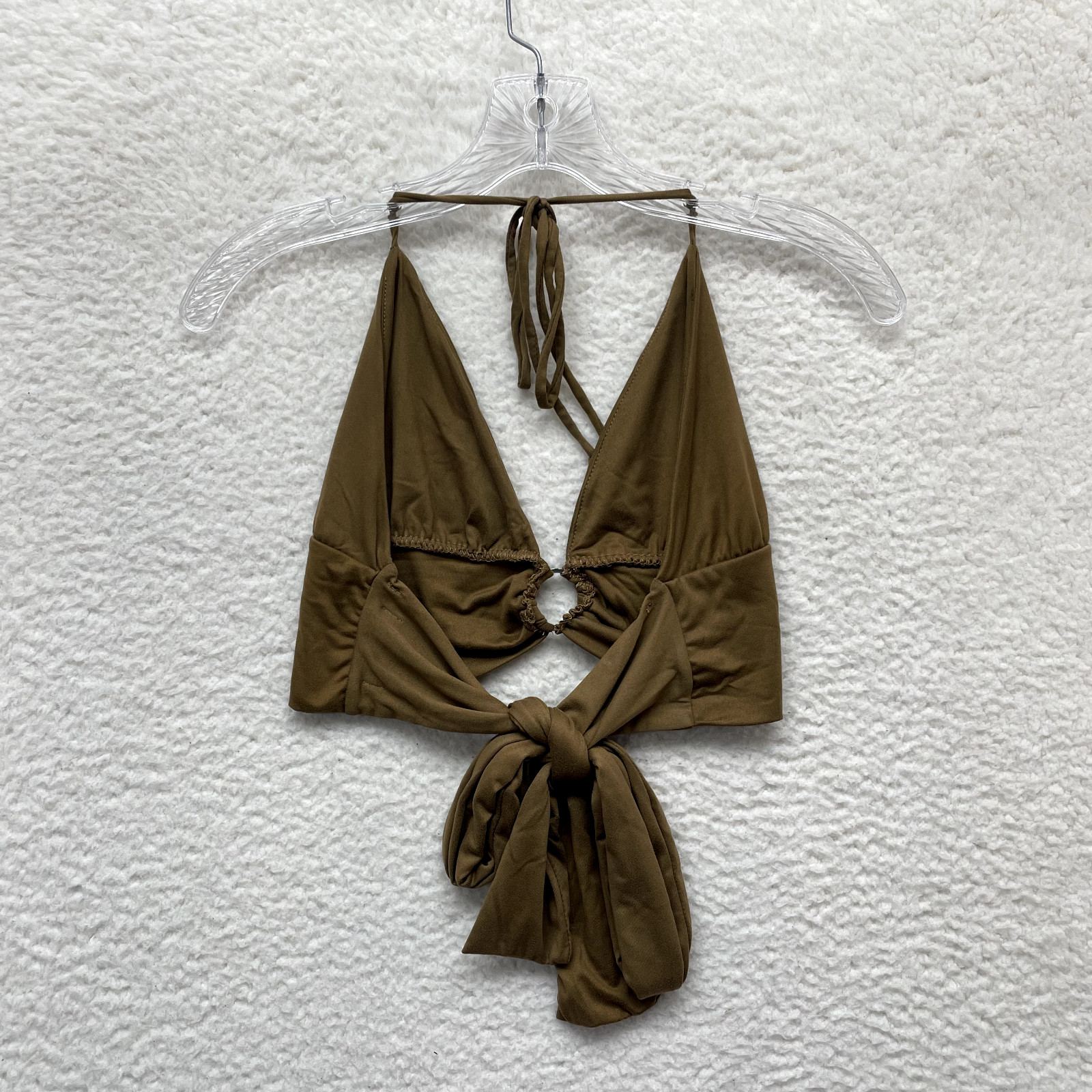 Y2K Vintage Halter Crop Top XL Tan O-Ring Boho Bohemian Festival Rave Club Party
