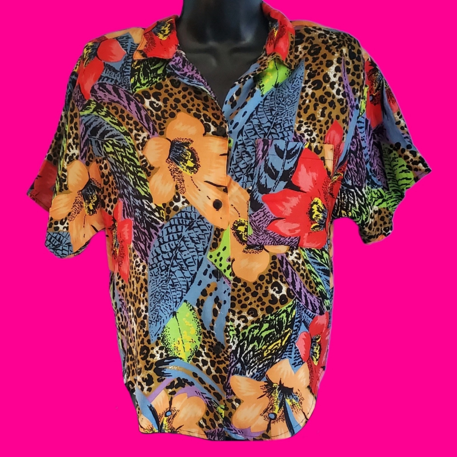 VINTAGE 80’s C.H. SPORT Hawaiian Shirt Button Blouse Animal Print Funky Tropical