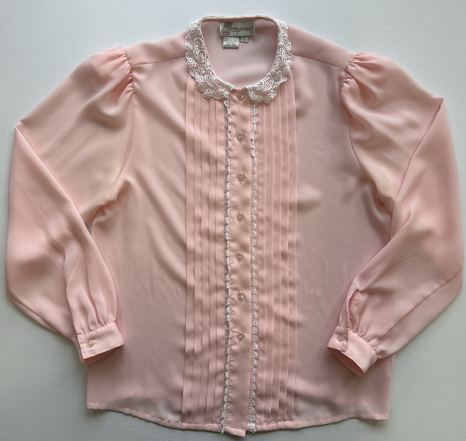 Vintage 80s AU COURANT Pink Semi Sheer Pleated Secretary Academia Blouse Sz 8