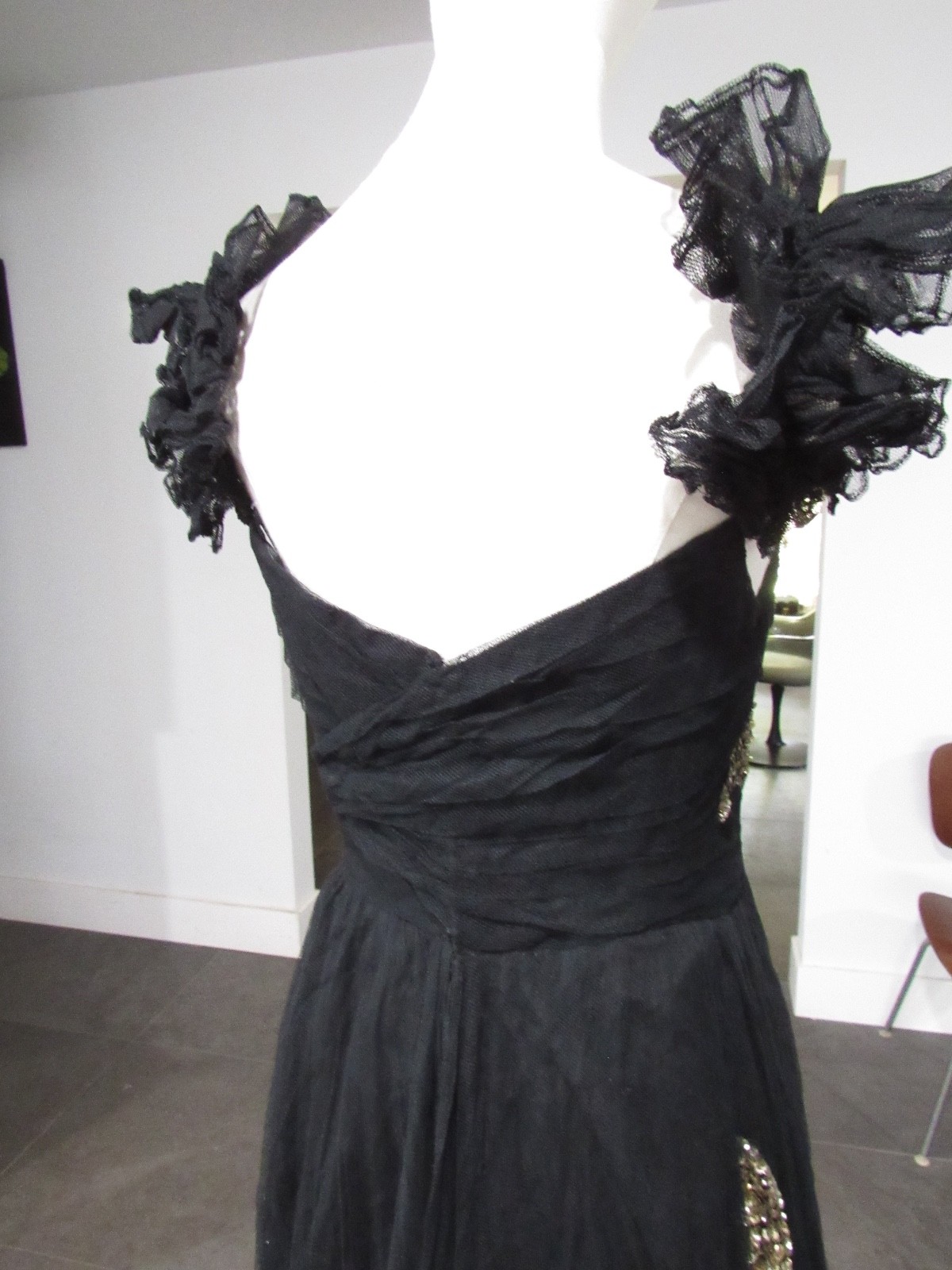 W@W VTG COUTURE 30s 40s formal dress tulle sequins black gold maxi goth witchy M